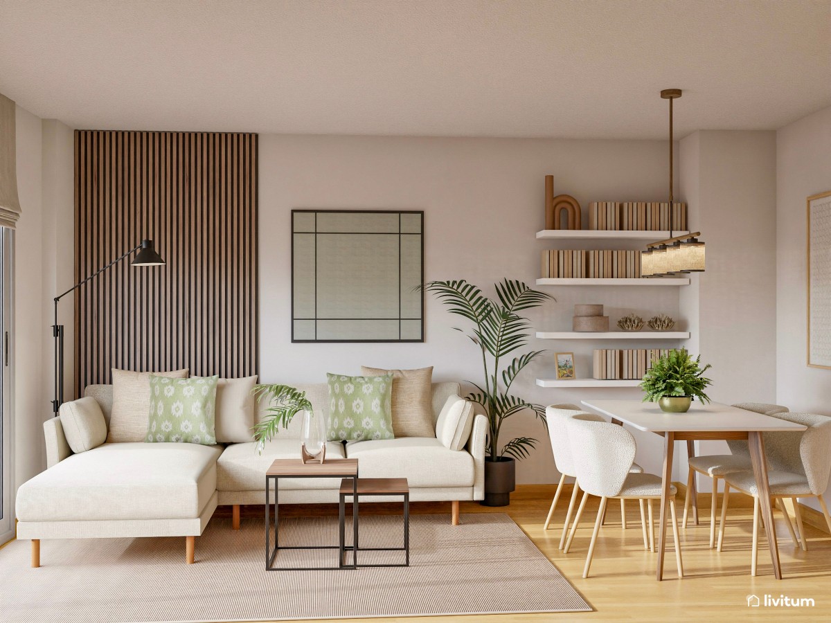 Salón nórdico con comedor en blanco y plantas decorativas