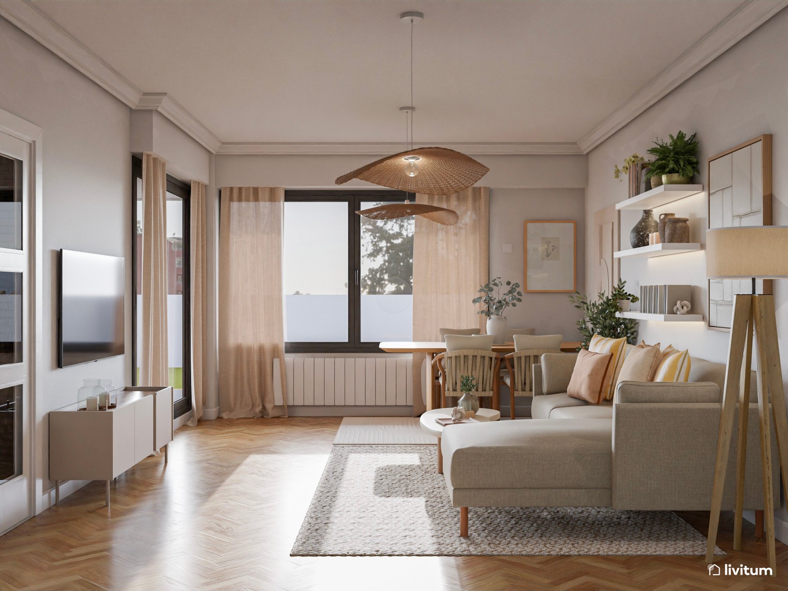 Salón nórdico con detalles boho y una decoración pensada para la calma mental