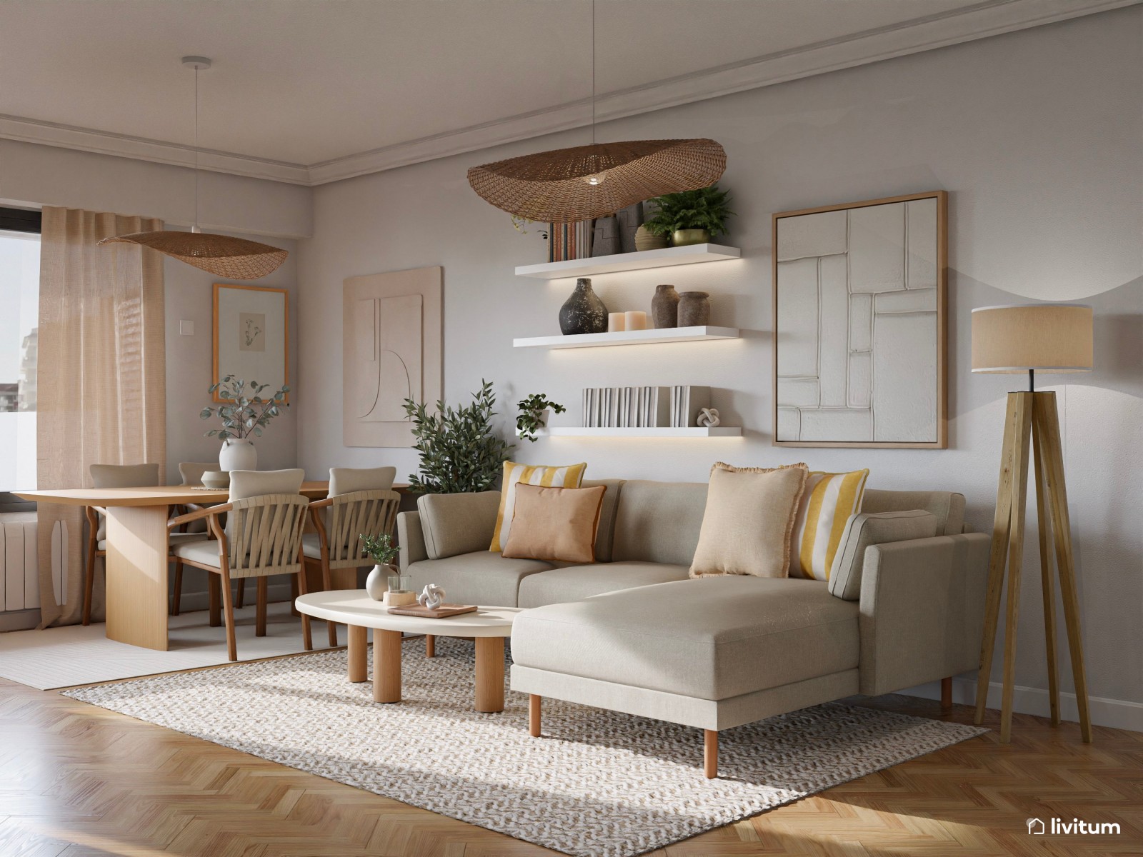 Salón nórdico con detalles boho y una decoración pensada para la calma mental