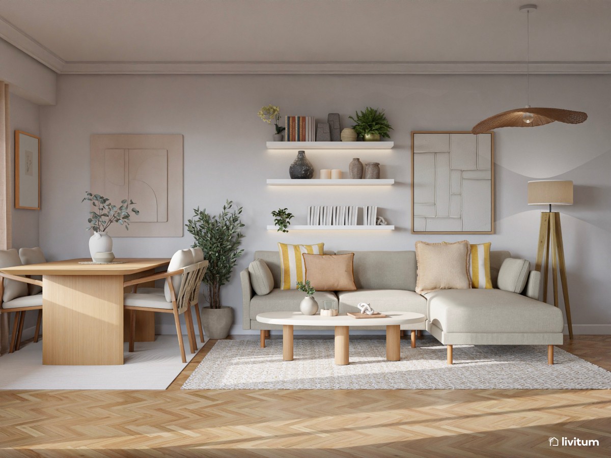 Salón nórdico con detalles boho y una decoración pensada para la calma mental