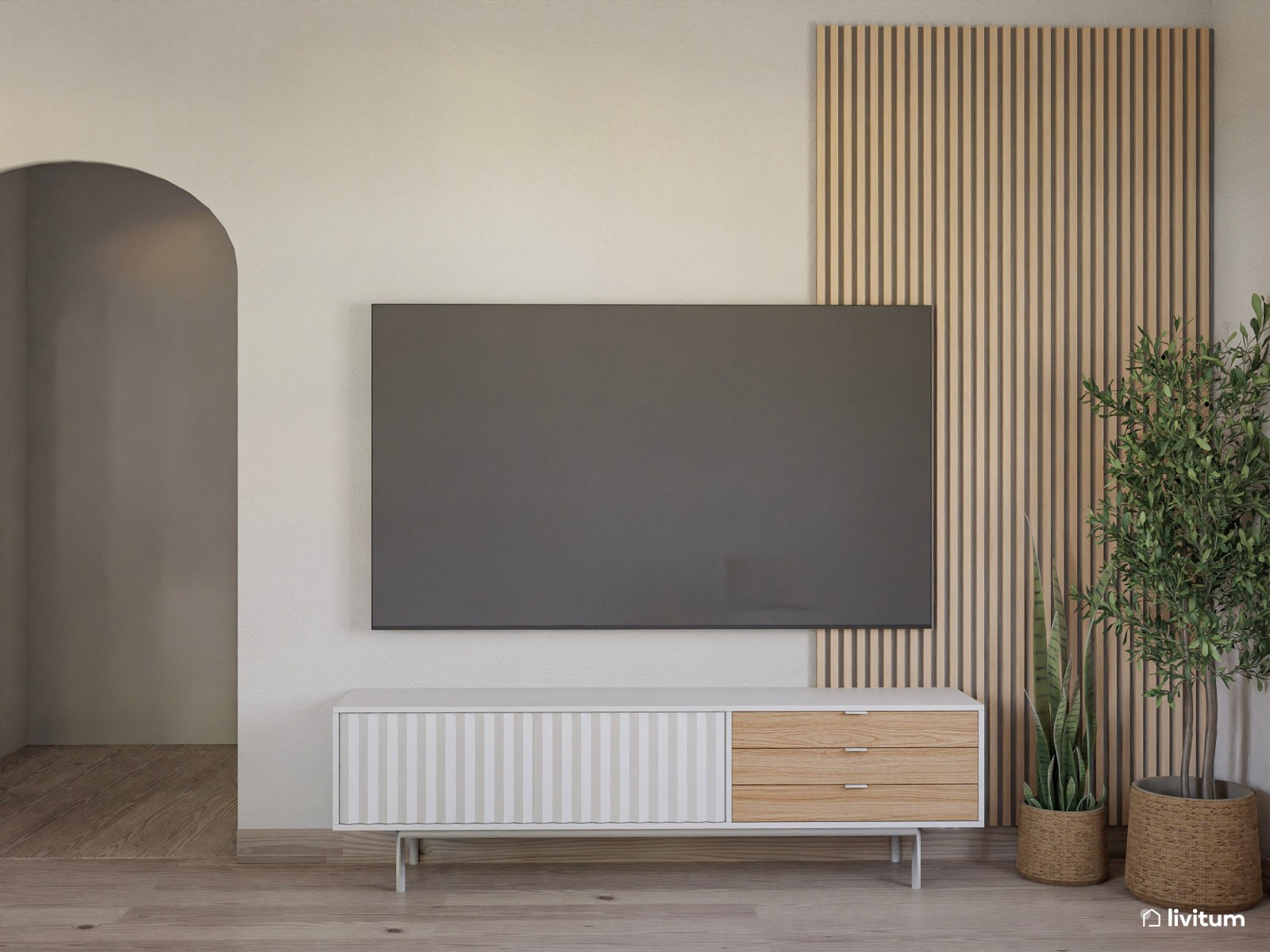 Salón nórdico con listones de madera y techo abuhardillado