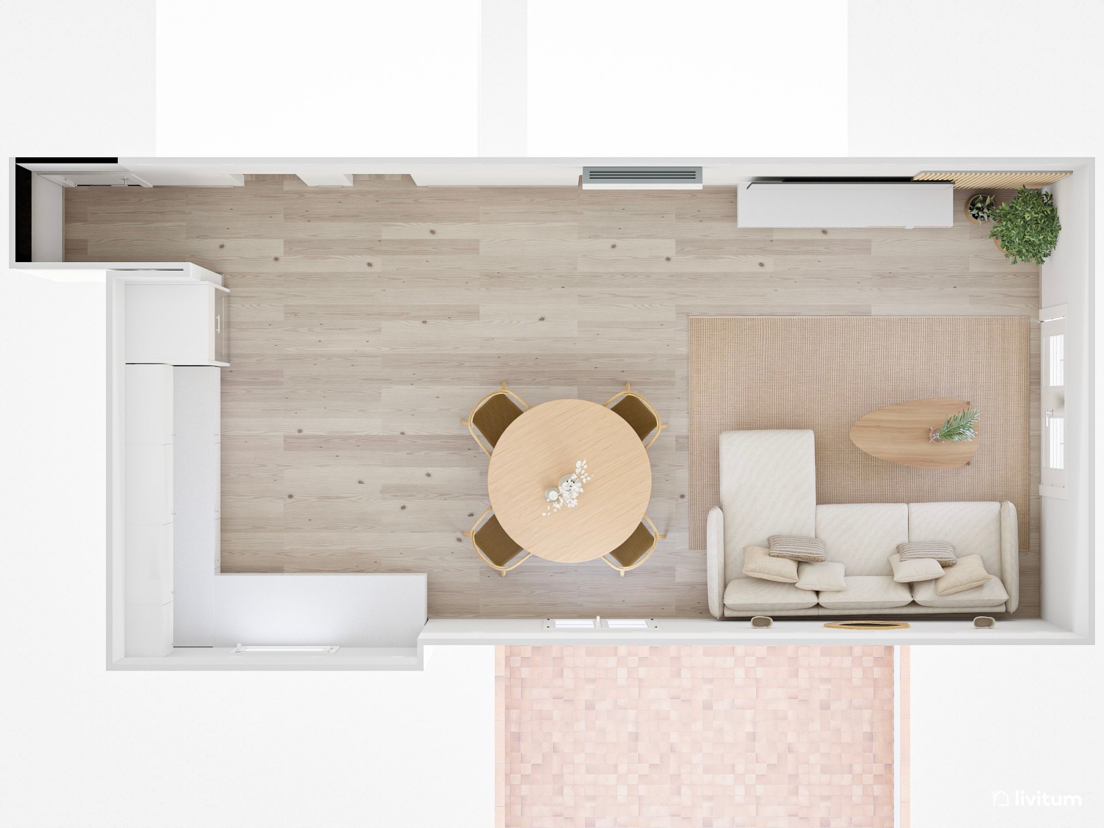 Salón nórdico con listones de madera y techo abuhardillado