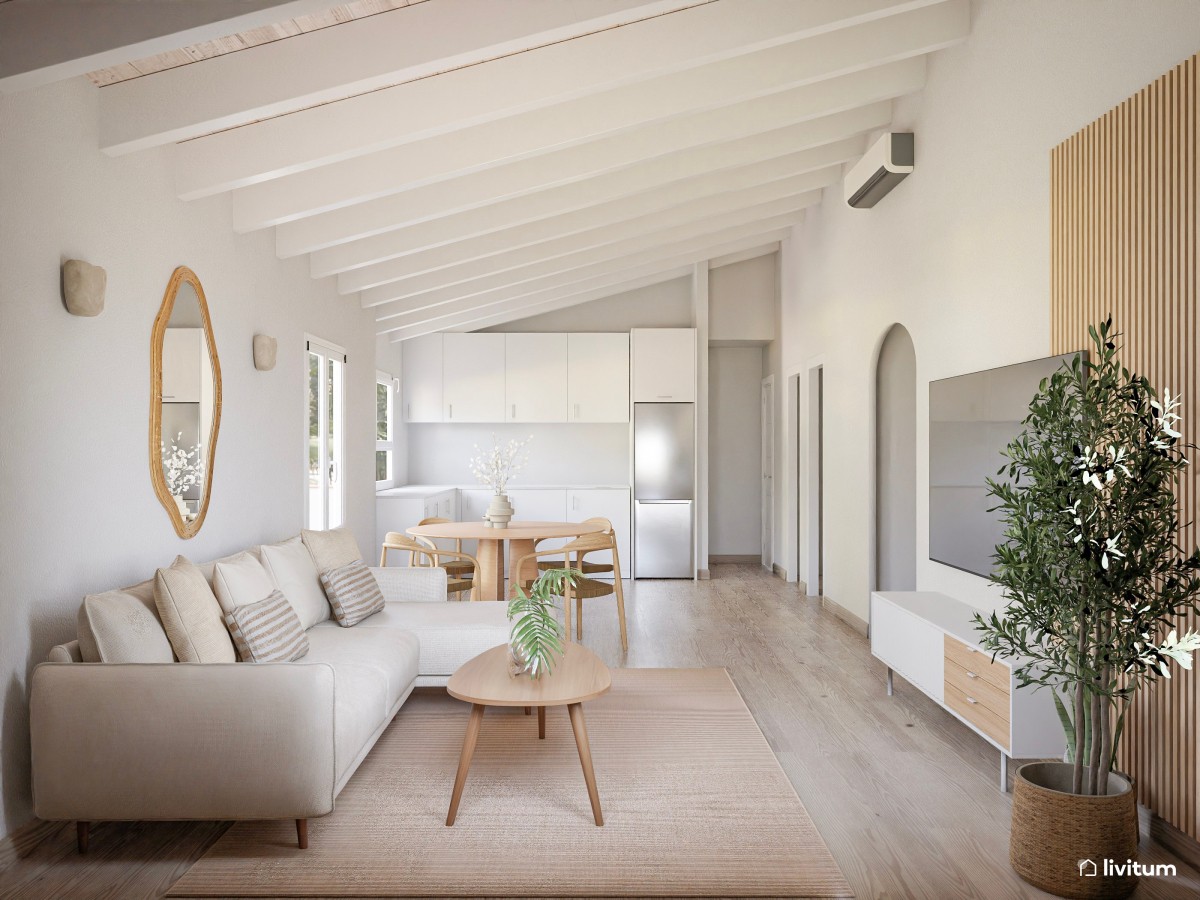 Salón nórdico con listones de madera y techo abuhardillado