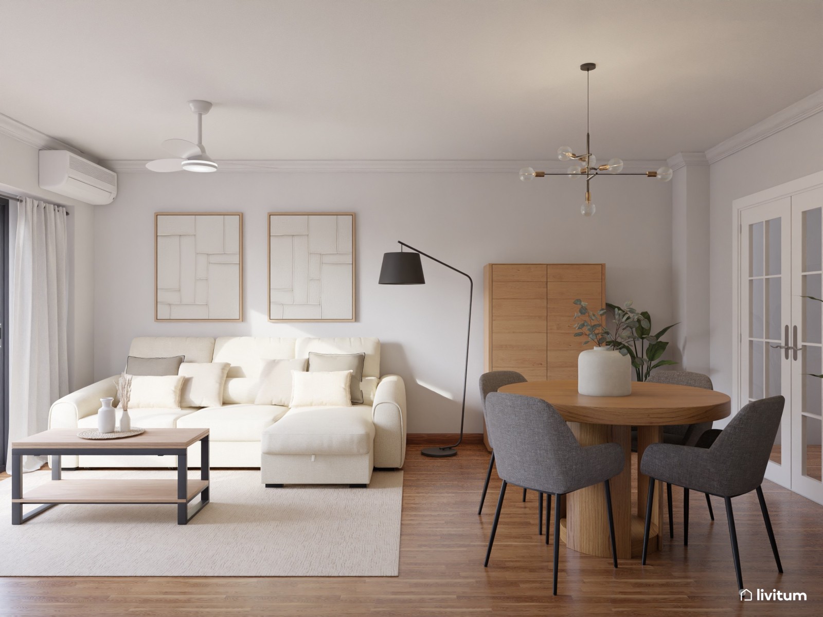 Salón nórdico con toques clásicos diseñado en madera, blanco y gris