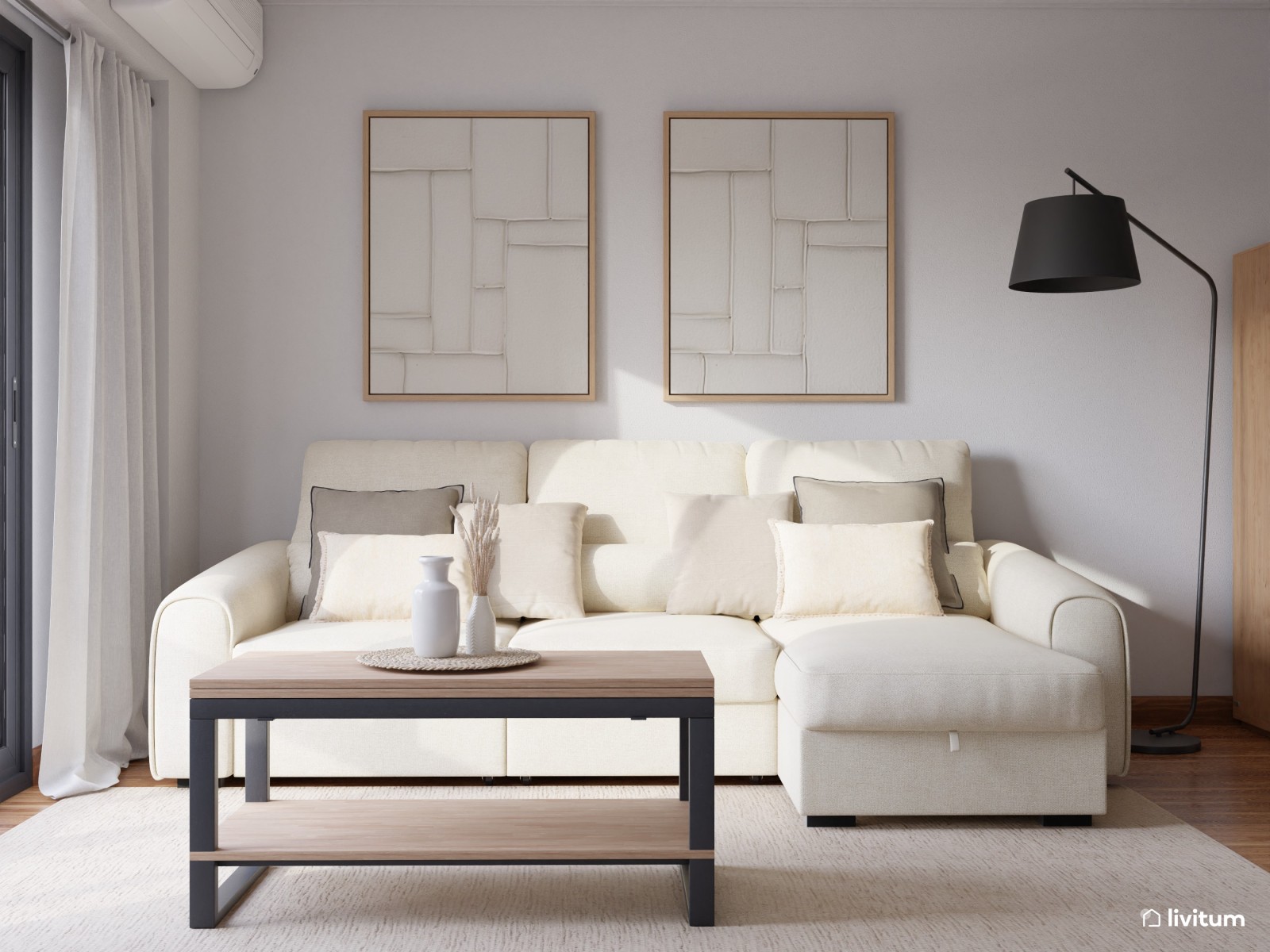 Salón nórdico con toques clásicos diseñado en madera, blanco y gris