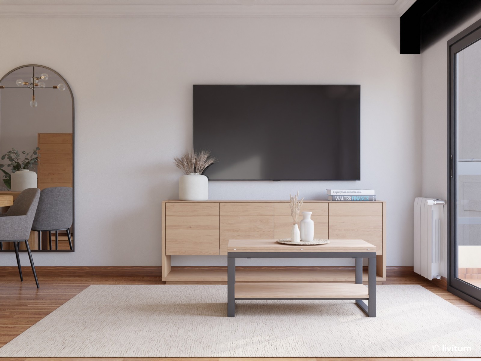Salón nórdico con toques clásicos diseñado en madera, blanco y gris