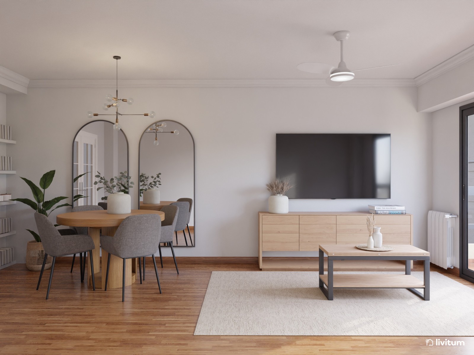 Salón nórdico con toques clásicos diseñado en madera, blanco y gris