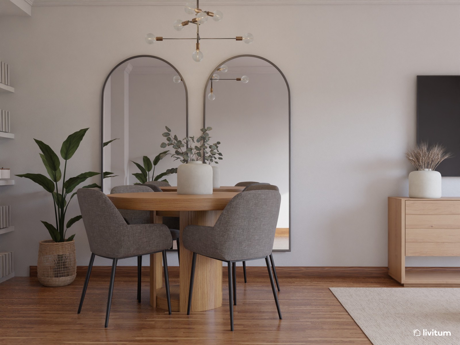 Salón nórdico con toques clásicos diseñado en madera, blanco y gris