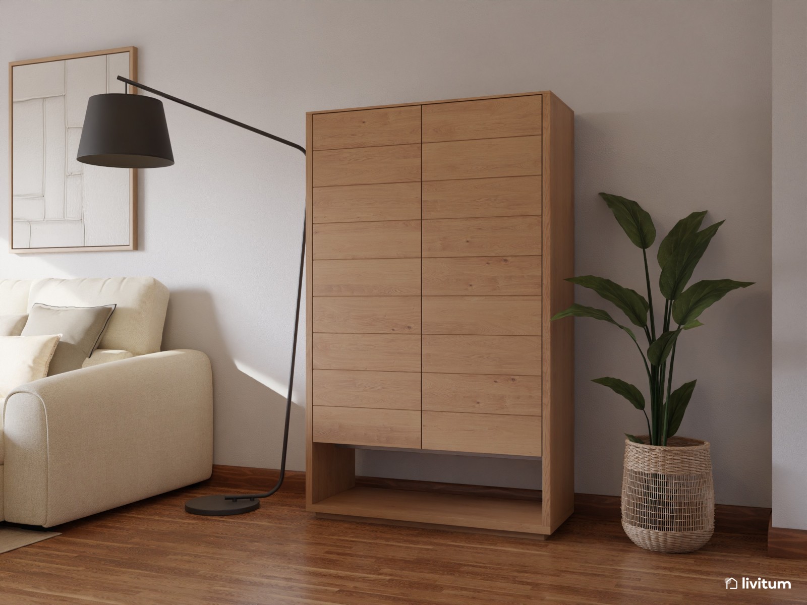 Salón nórdico con toques clásicos diseñado en madera, blanco y gris