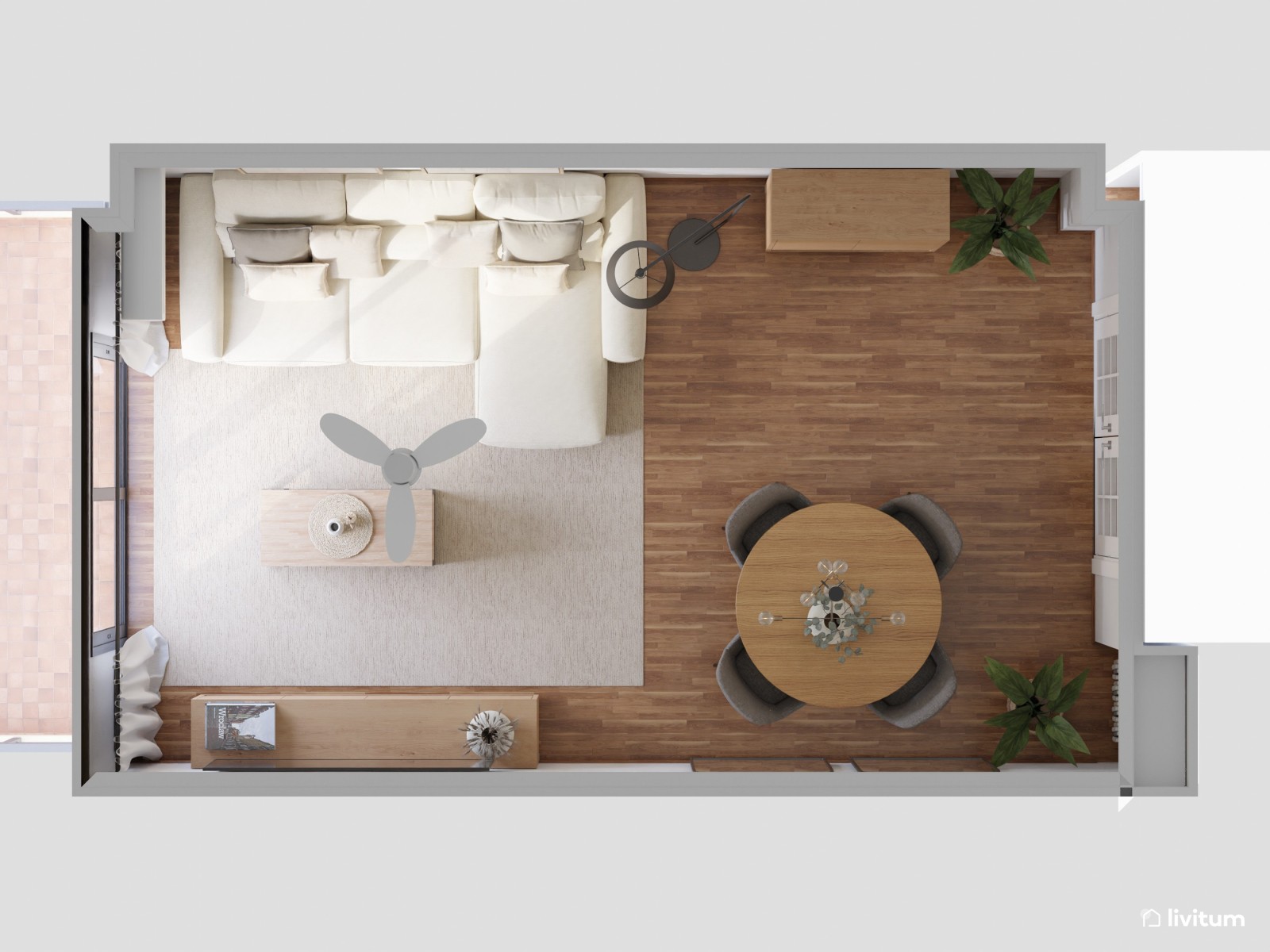Salón nórdico con toques clásicos diseñado en madera, blanco y gris
