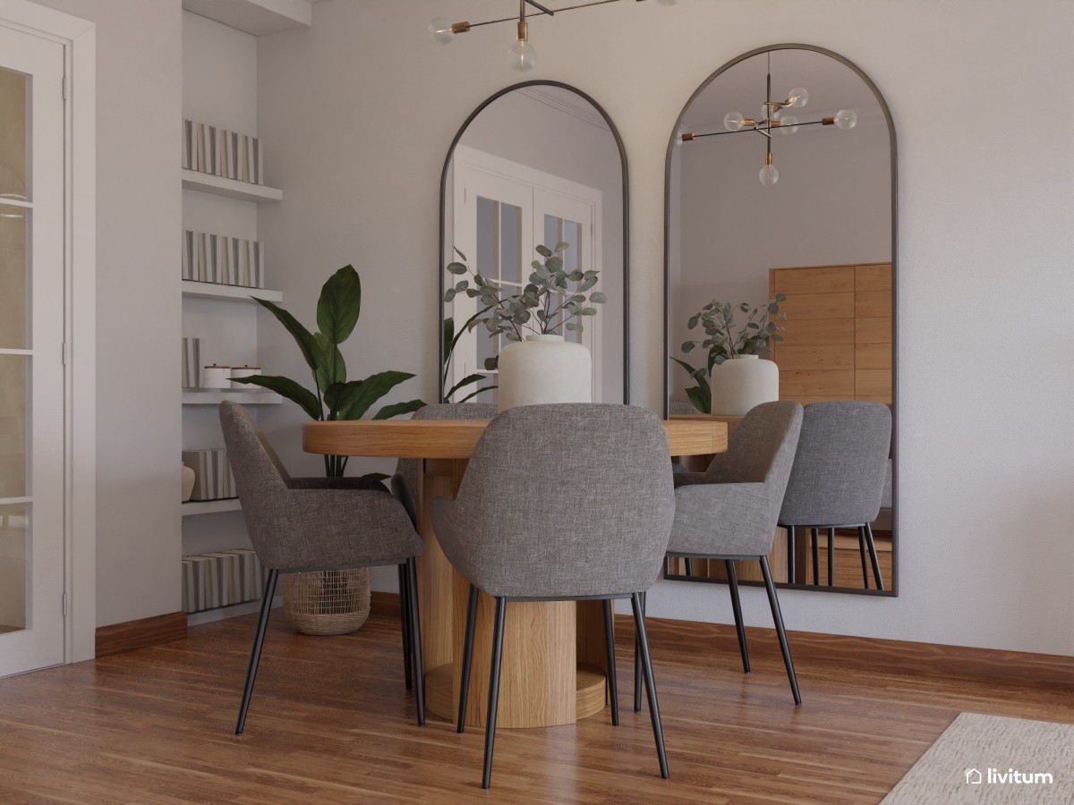 Salón nórdico con toques clásicos diseñado en madera, blanco y gris
