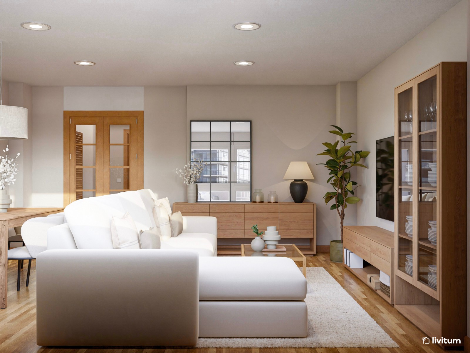 Salón nórdico con vitrina de madera y muebles en color crema