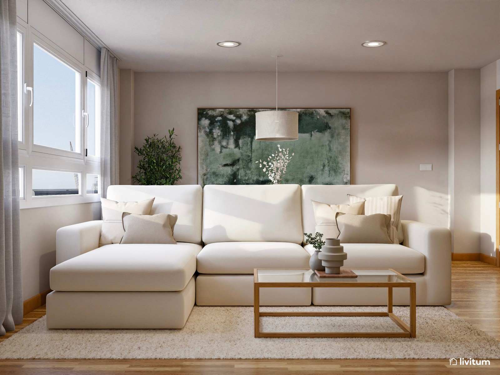 Salón nórdico con vitrina de madera y muebles en color crema