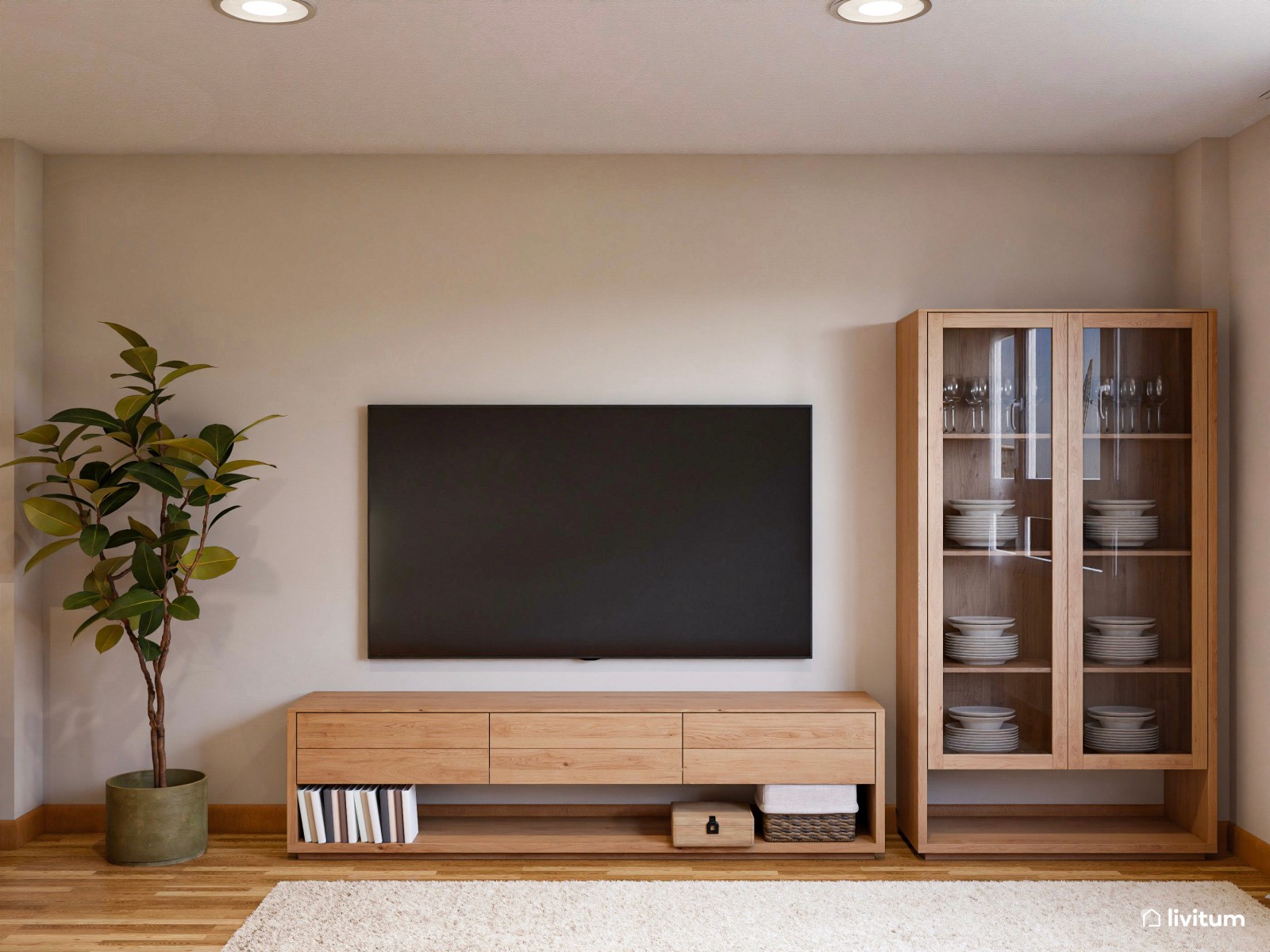 Salón nórdico con vitrina de madera y muebles en color crema