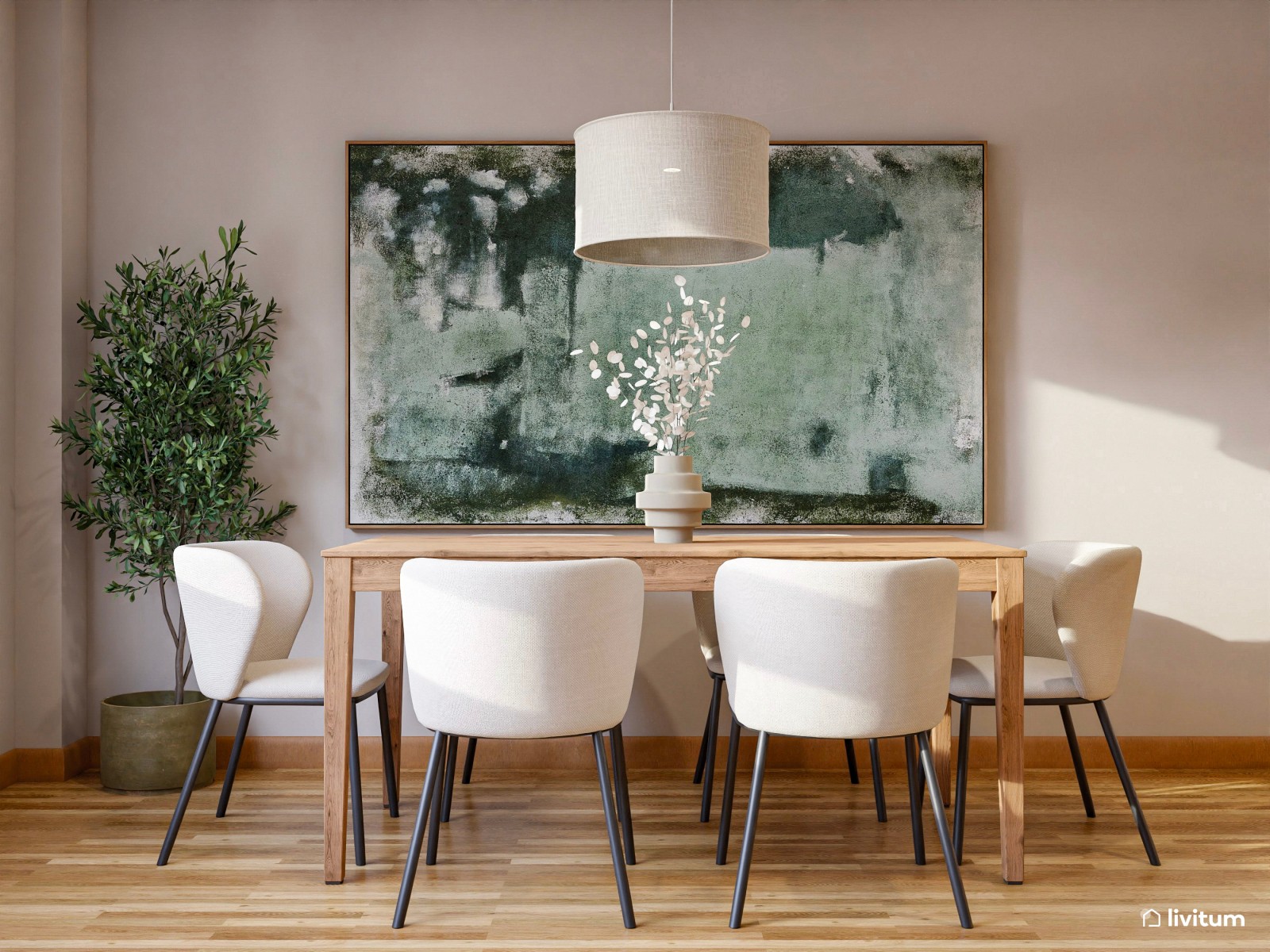 Salón nórdico con vitrina de madera y muebles en color crema
