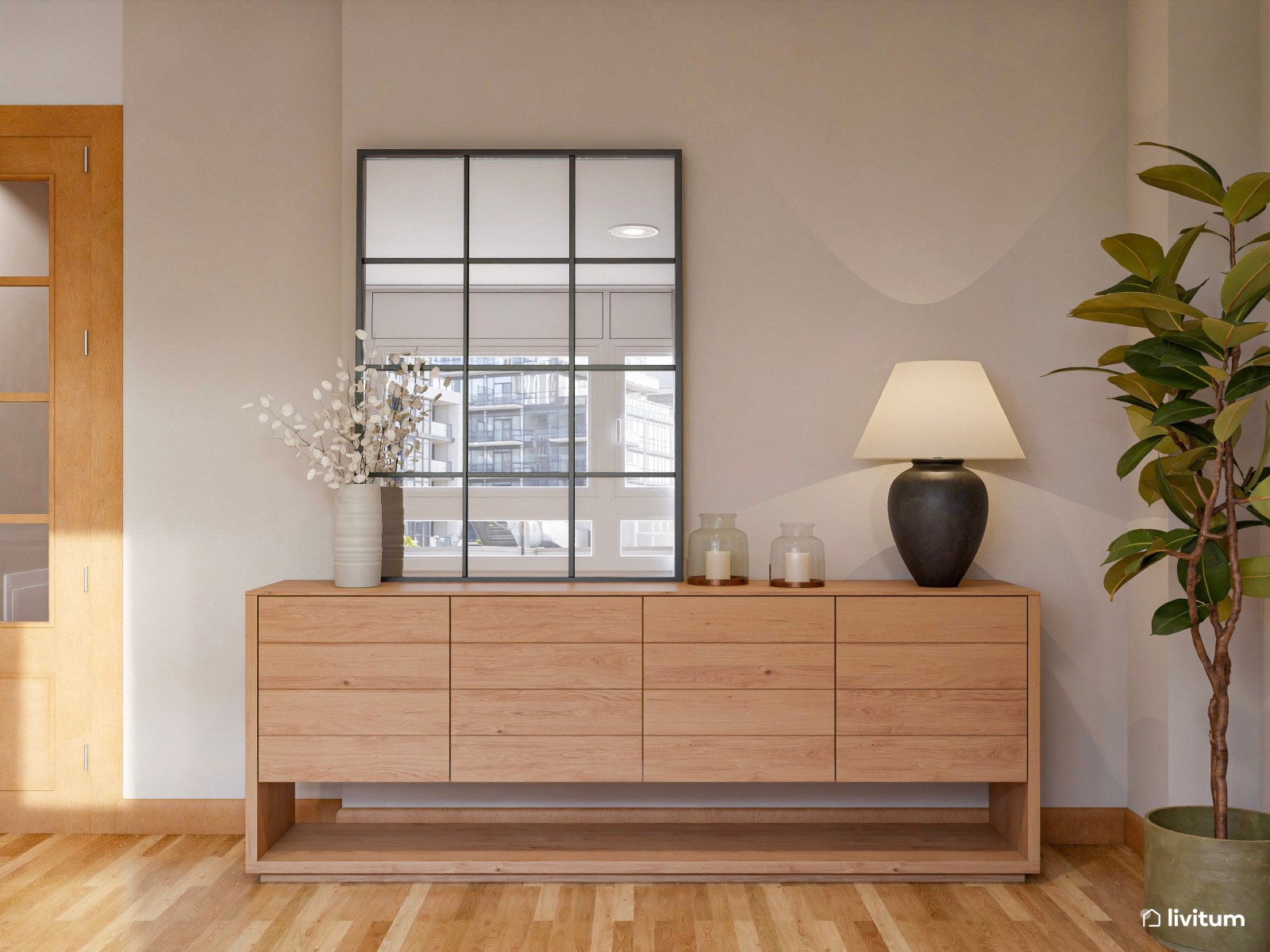 Salón nórdico con vitrina de madera y muebles en color crema