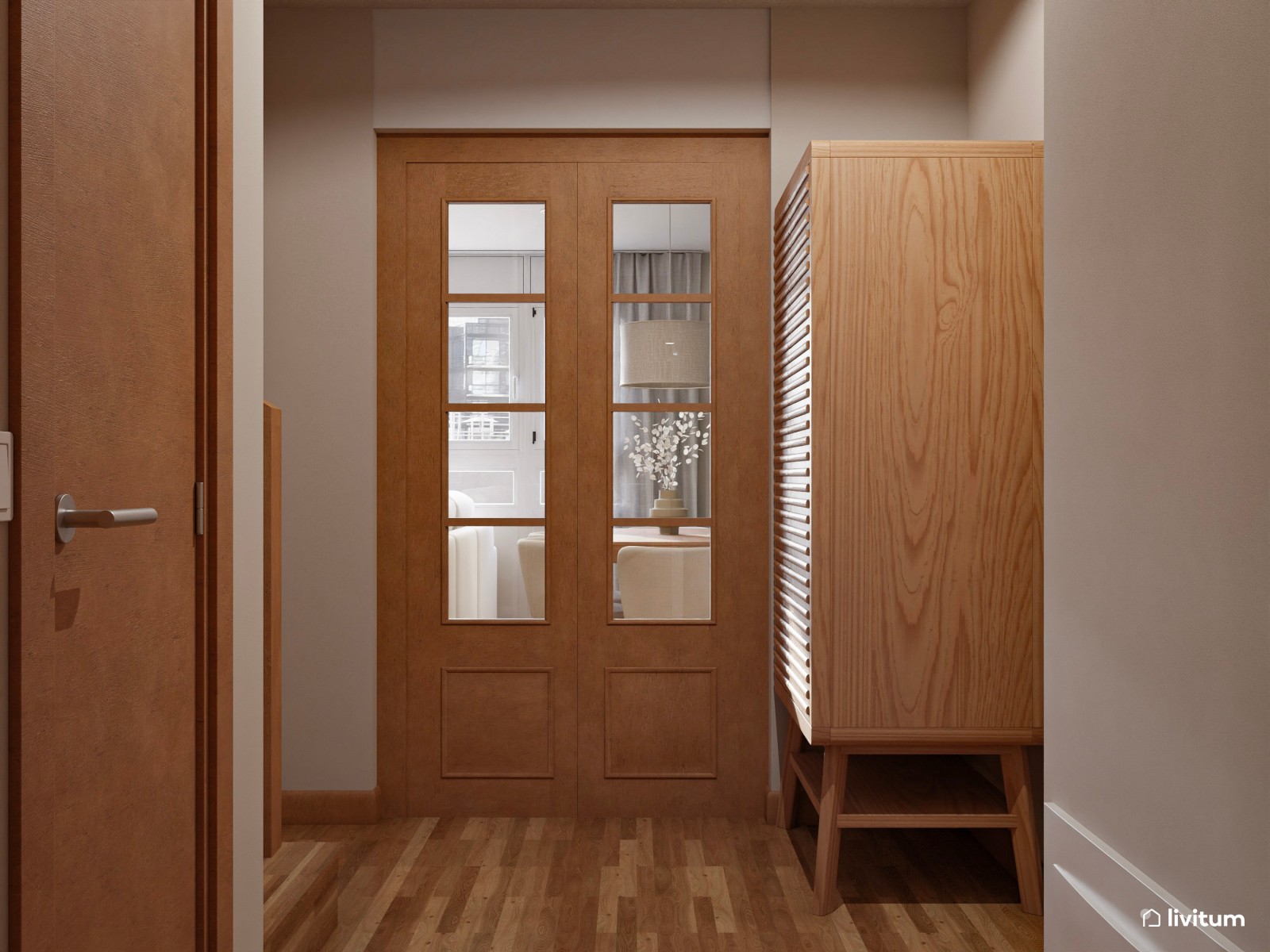 Salón nórdico con vitrina de madera y muebles en color crema