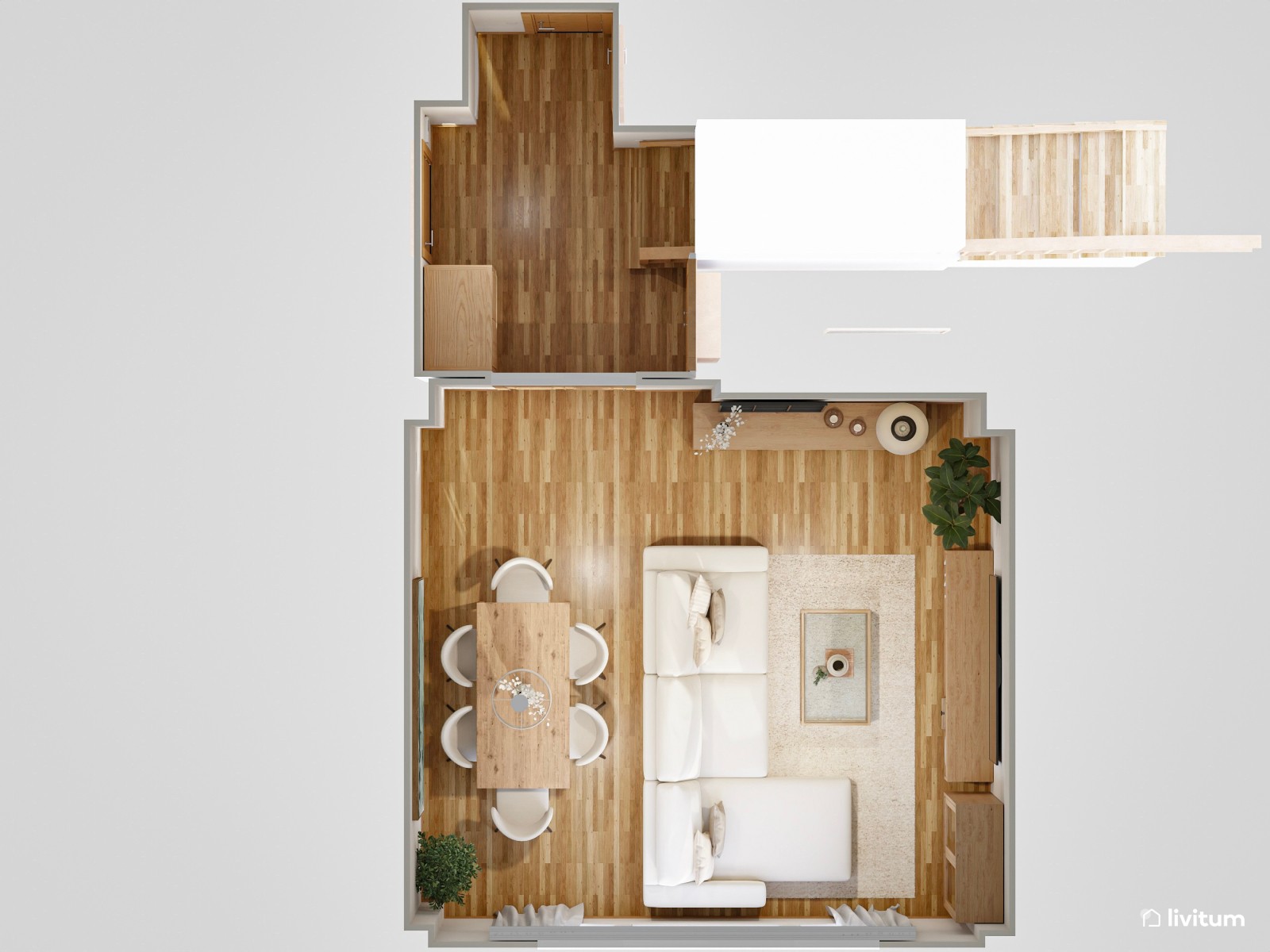 Salón nórdico con vitrina de madera y muebles en color crema