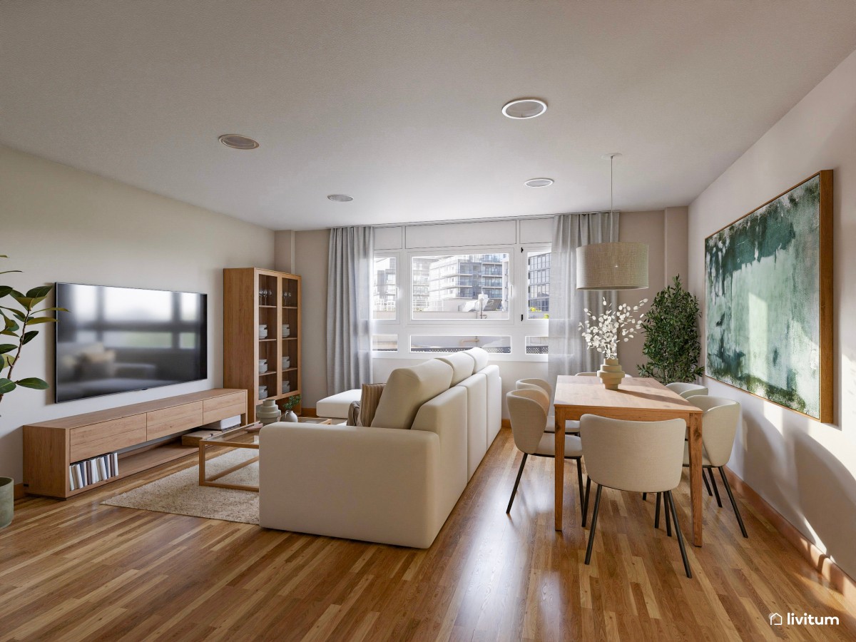 Salón nórdico con vitrina de madera y muebles en color crema