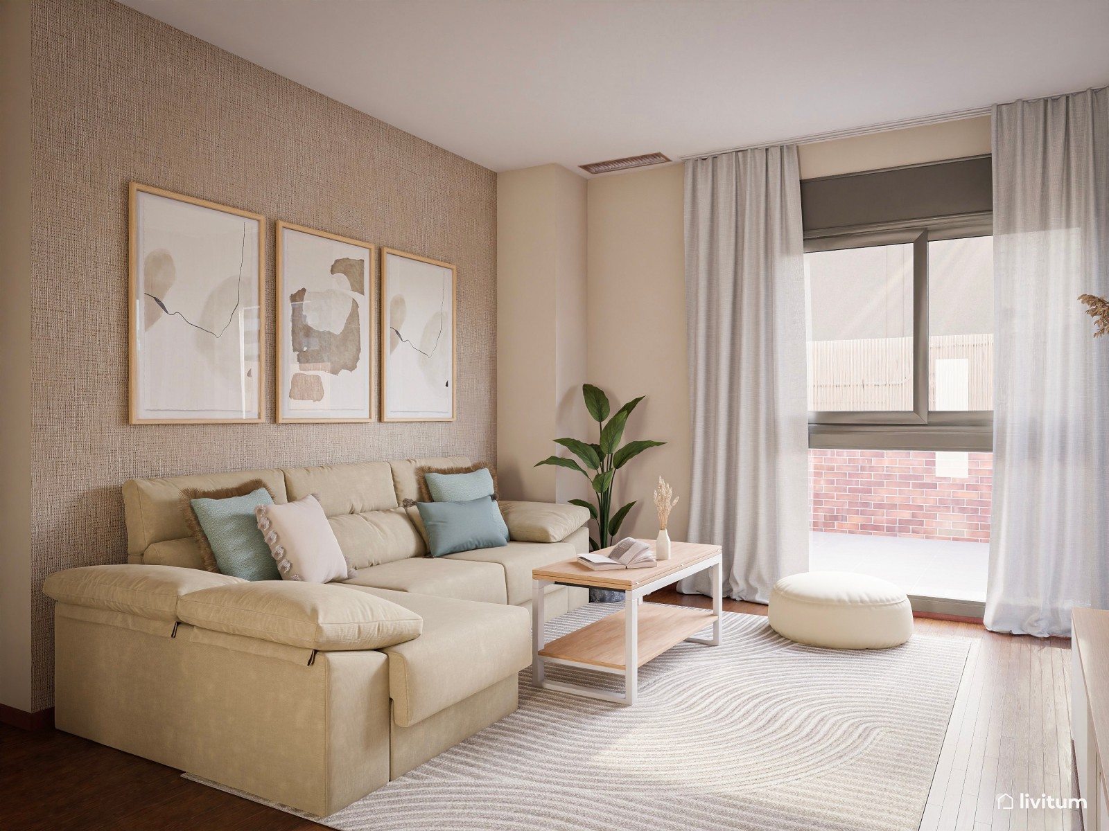 Salón nórdico con zona de juegos infantil 