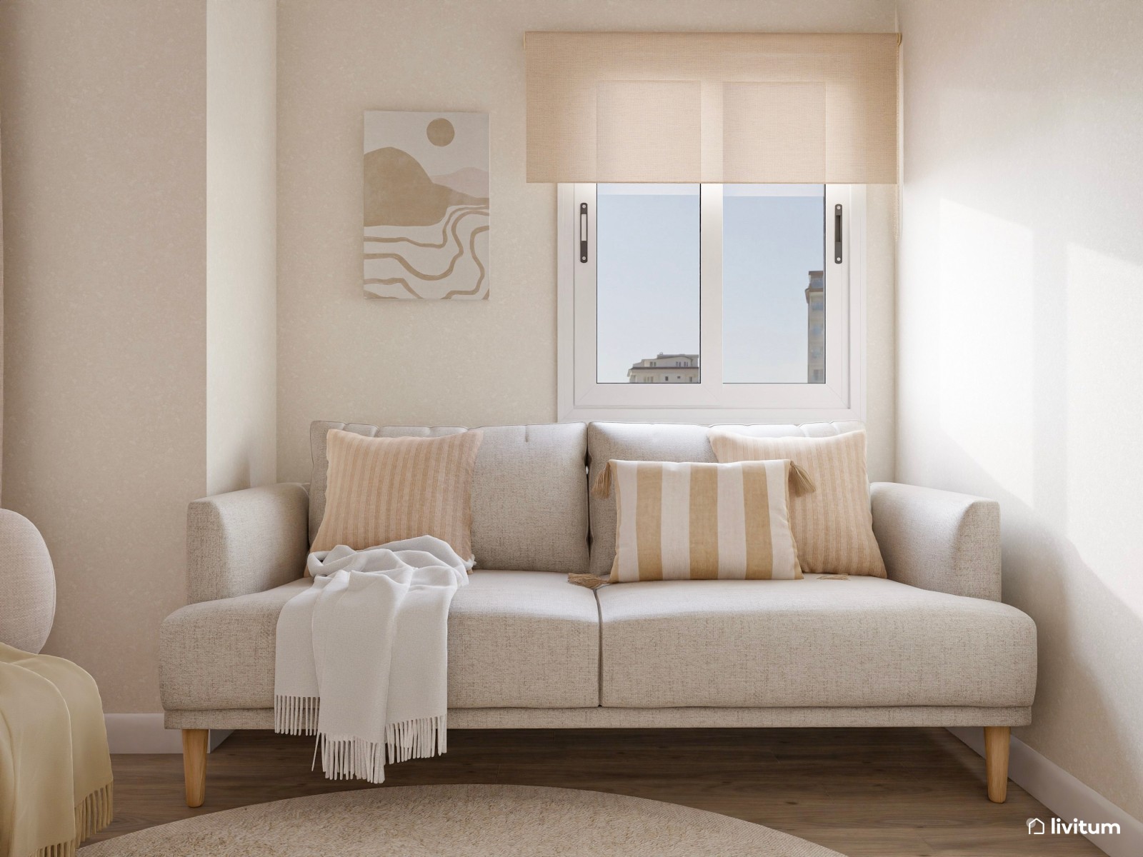 Salón nórdico elegante con cocina abierta y muebles de formas orgánicas