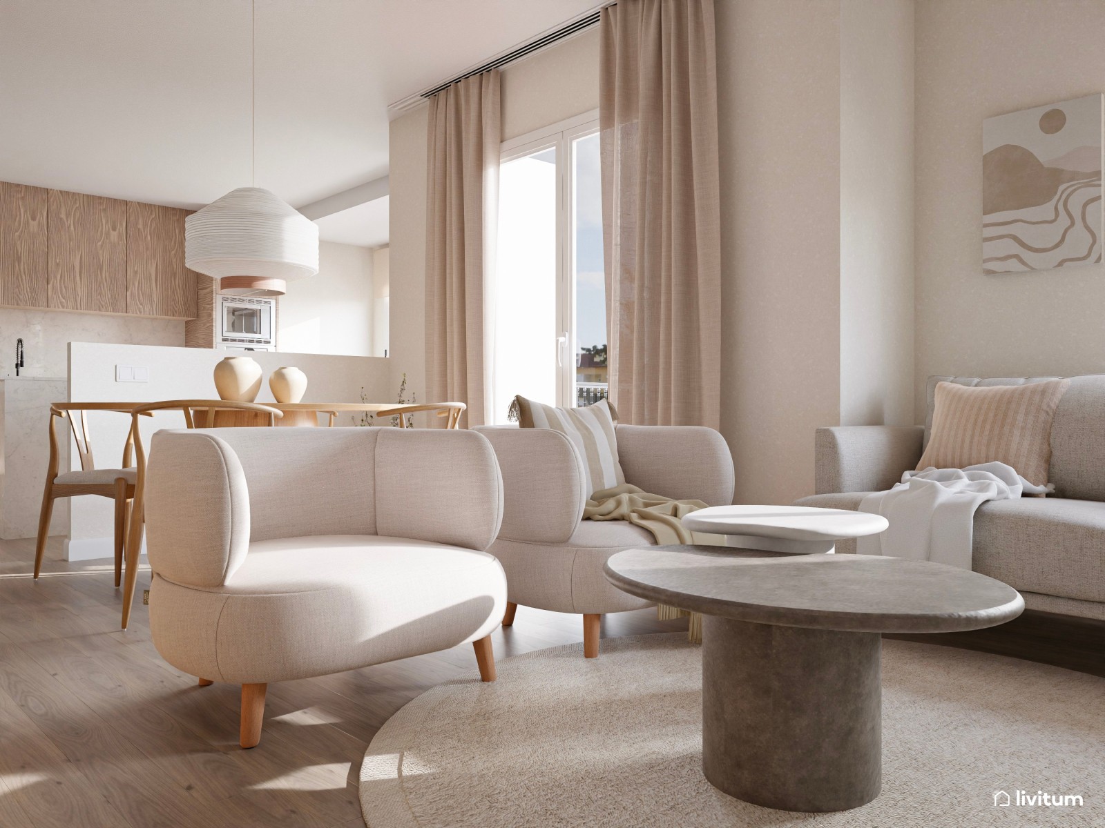 Salón nórdico elegante con cocina abierta y muebles de formas orgánicas