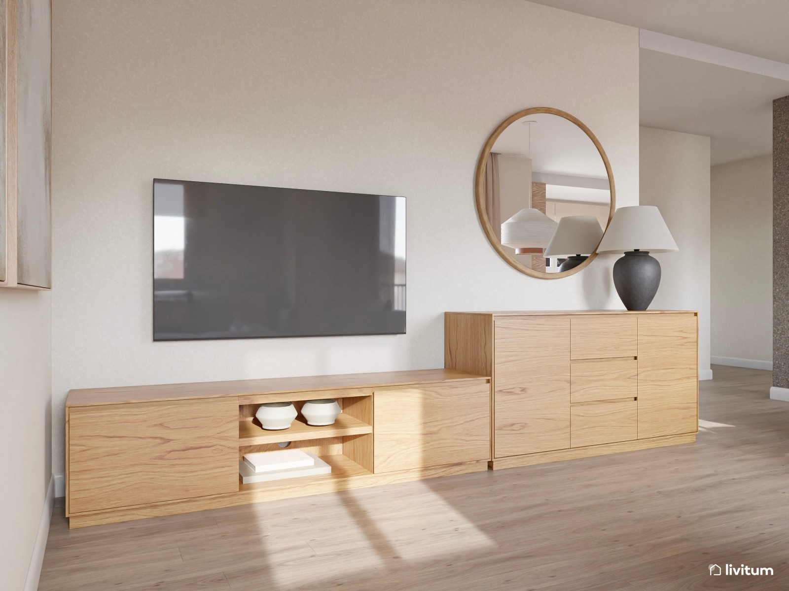 Salón nórdico elegante con cocina abierta y muebles de formas orgánicas