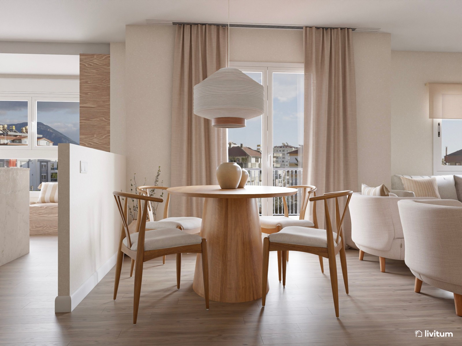 Salón nórdico elegante con cocina abierta y muebles de formas orgánicas