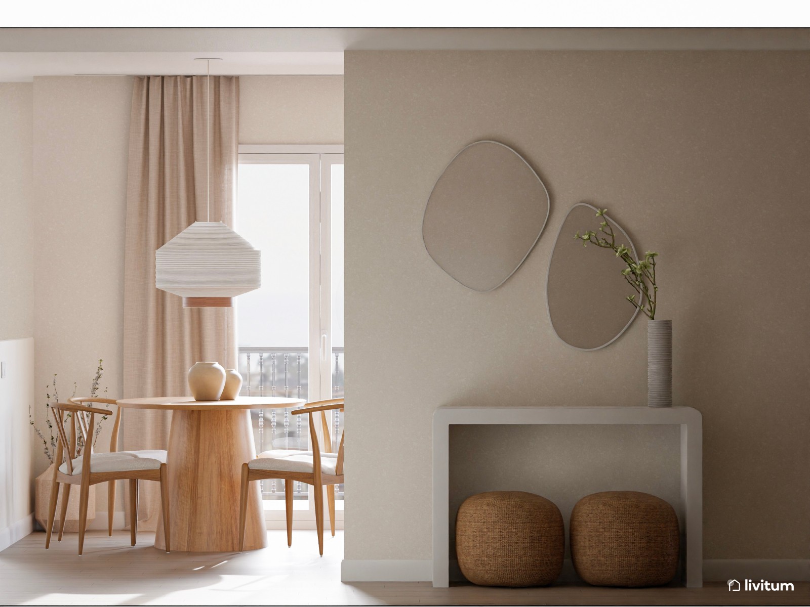 Salón nórdico elegante con cocina abierta y muebles de formas orgánicas