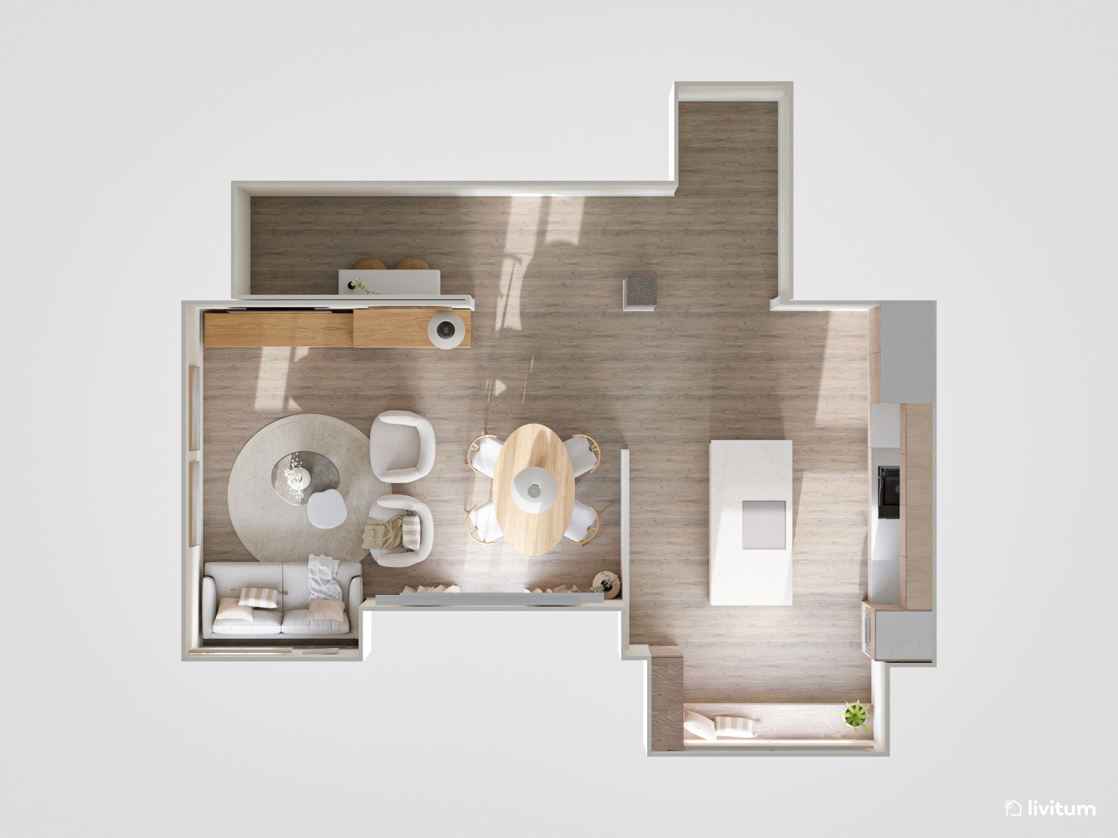 Salón nórdico elegante con cocina abierta y muebles de formas orgánicas