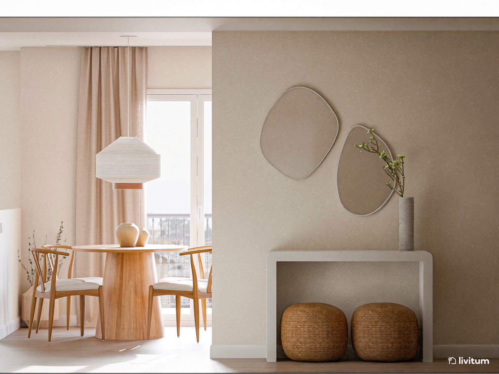 Salón nórdico elegante con cocina abierta y muebles de formas orgánicas