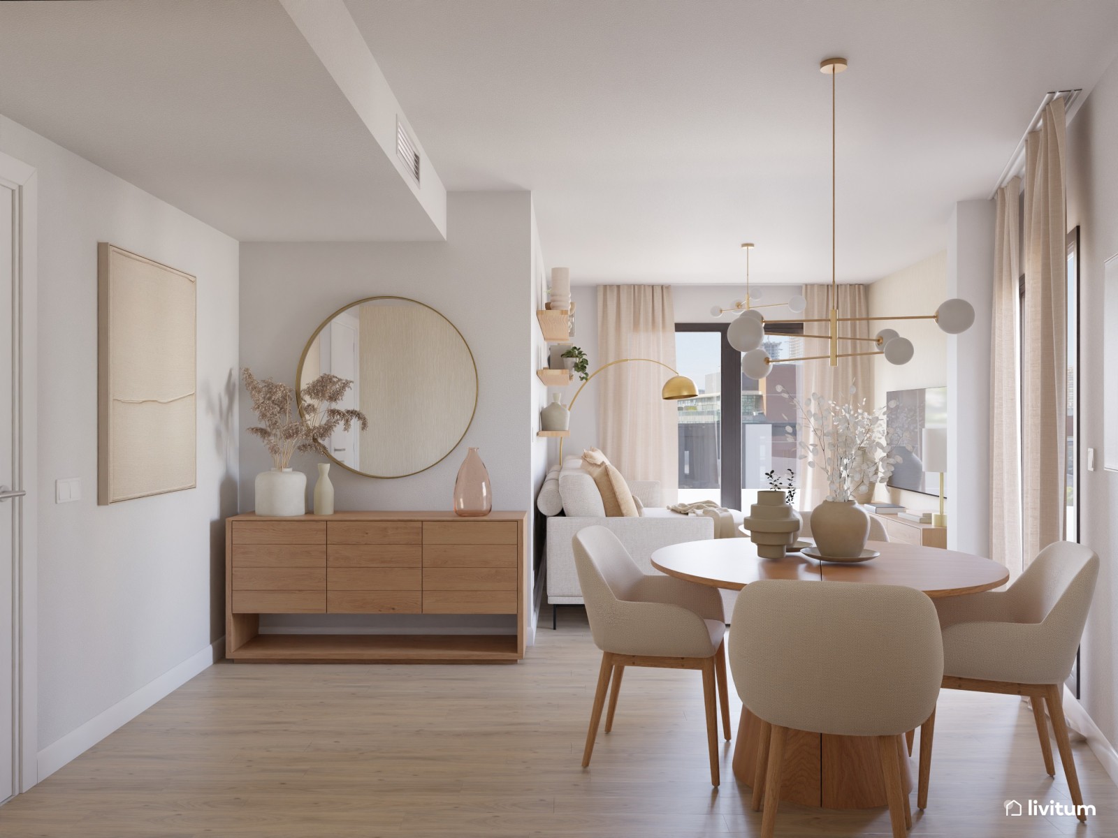 Salón nórdico elegante en planta irregular, decorado en blanco y madera 