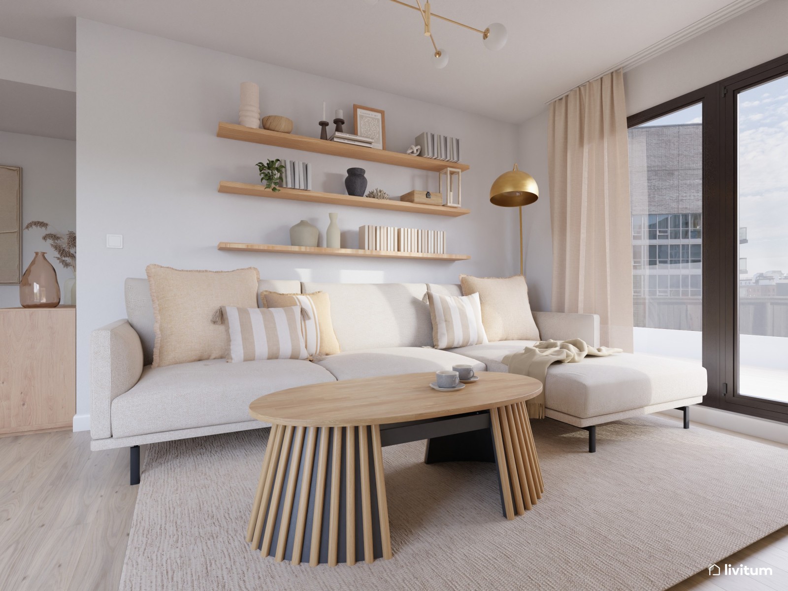 Salón nórdico elegante en planta irregular, decorado en blanco y madera 