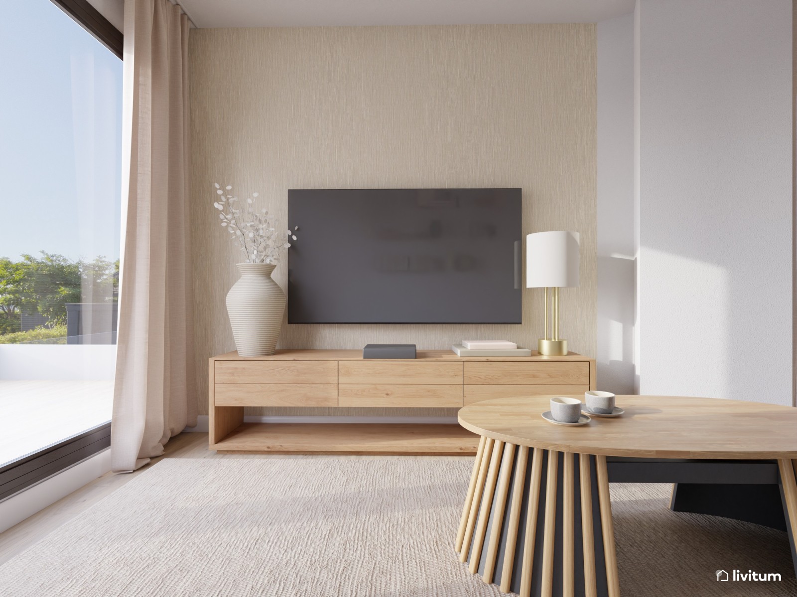 Salón nórdico elegante en planta irregular, decorado en blanco y madera 