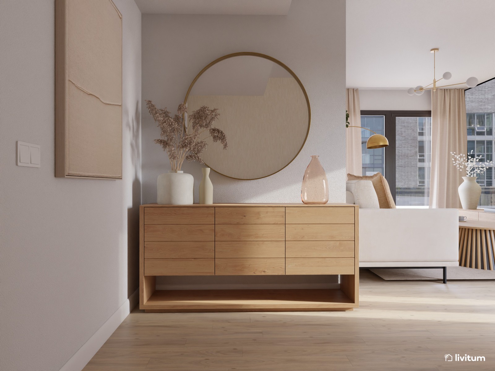 Salón nórdico elegante en planta irregular, decorado en blanco y madera 