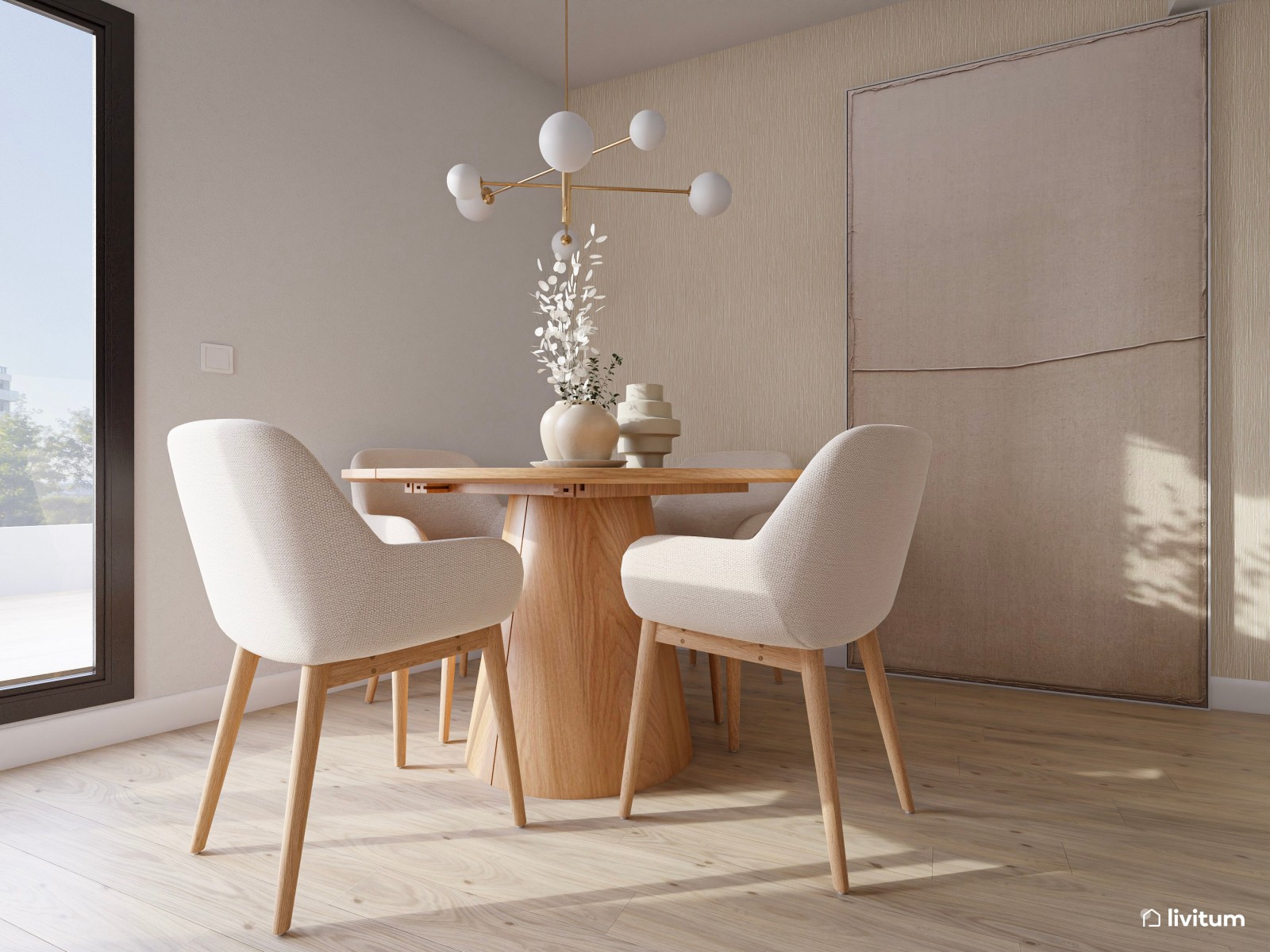 Salón nórdico elegante en planta irregular, decorado en blanco y madera 