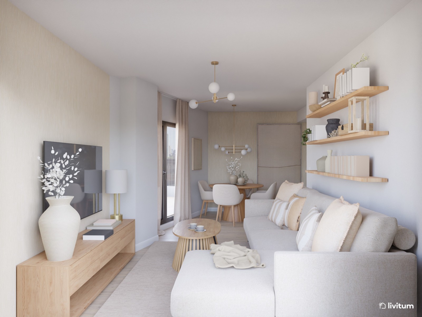 Salón nórdico elegante en planta irregular, decorado en blanco y madera 