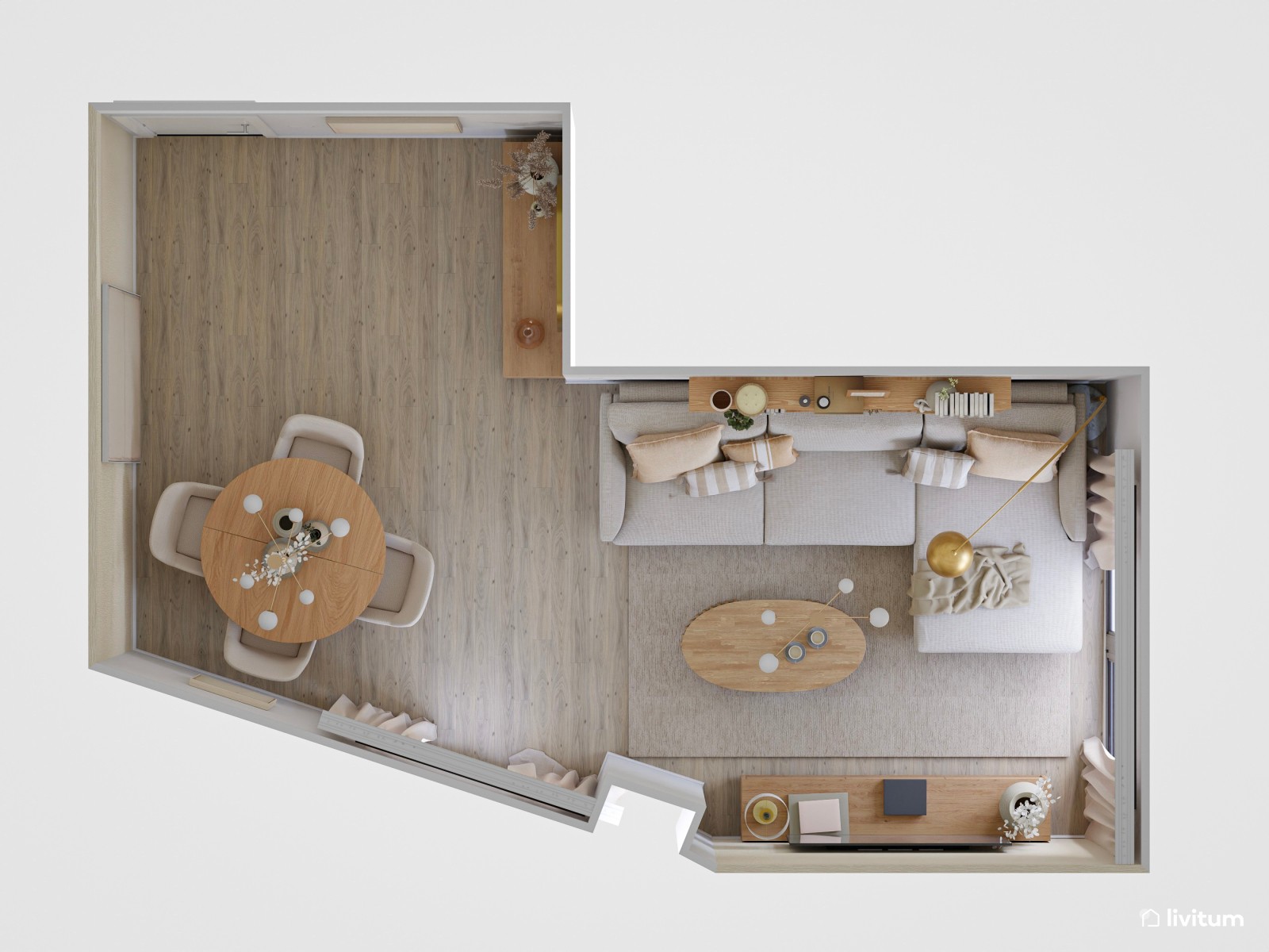 Salón nórdico elegante en planta irregular, decorado en blanco y madera 