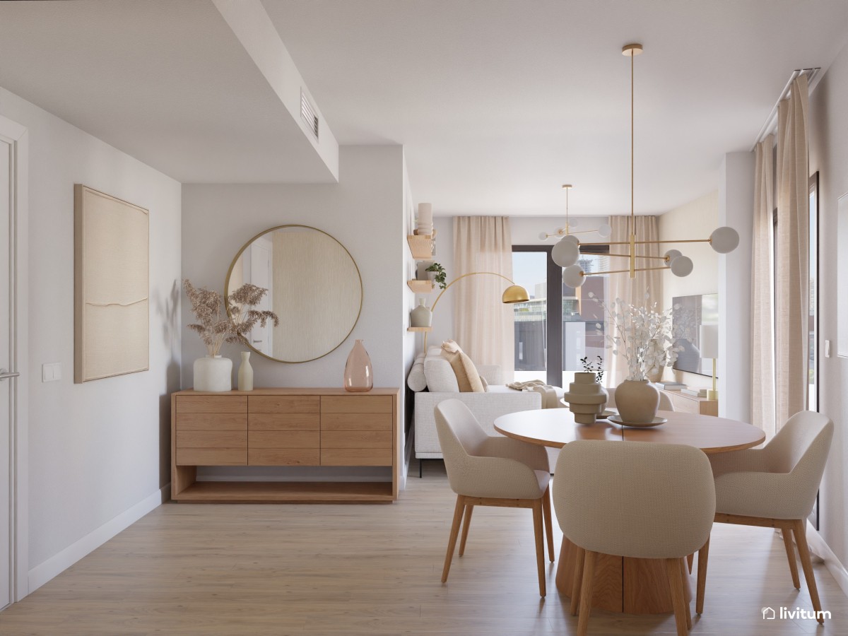 Salón nórdico elegante en planta irregular, decorado en blanco y madera