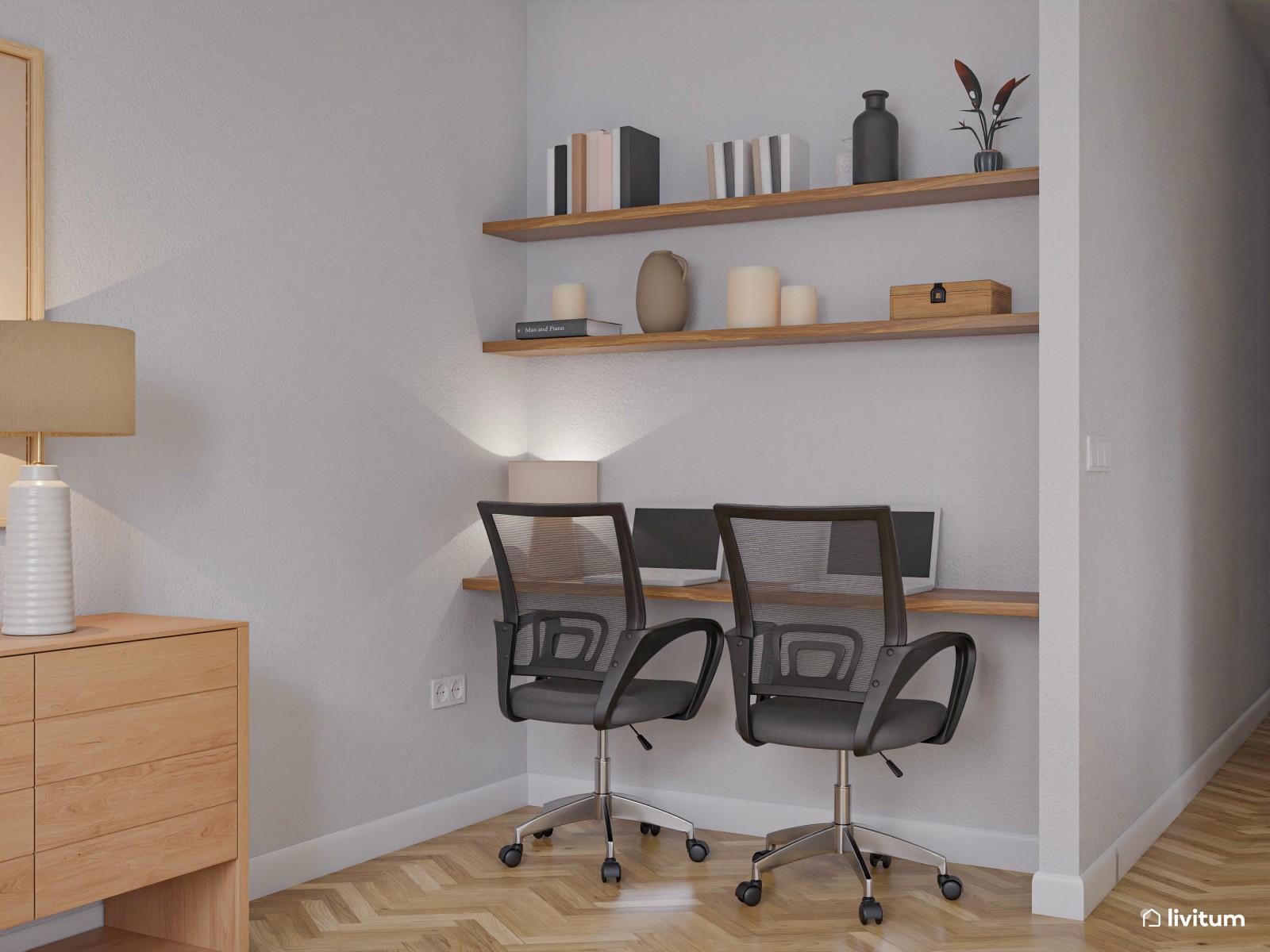  Salón nórdico en blanco con zona de estudio y modernas butacas 