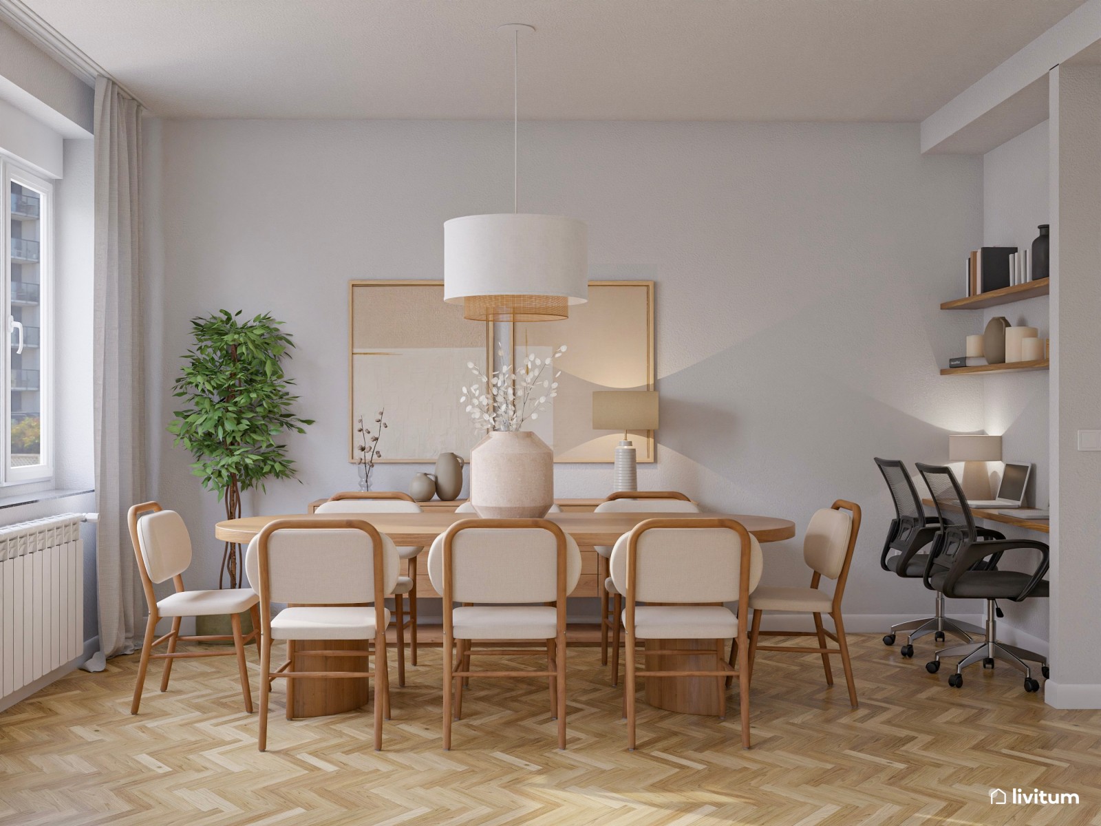  Salón nórdico en blanco con zona de estudio y modernas butacas 