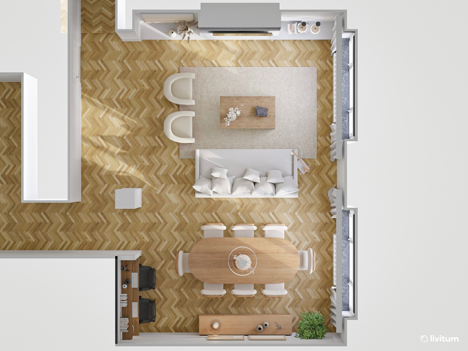  Salón nórdico en blanco con zona de estudio y modernas butacas 