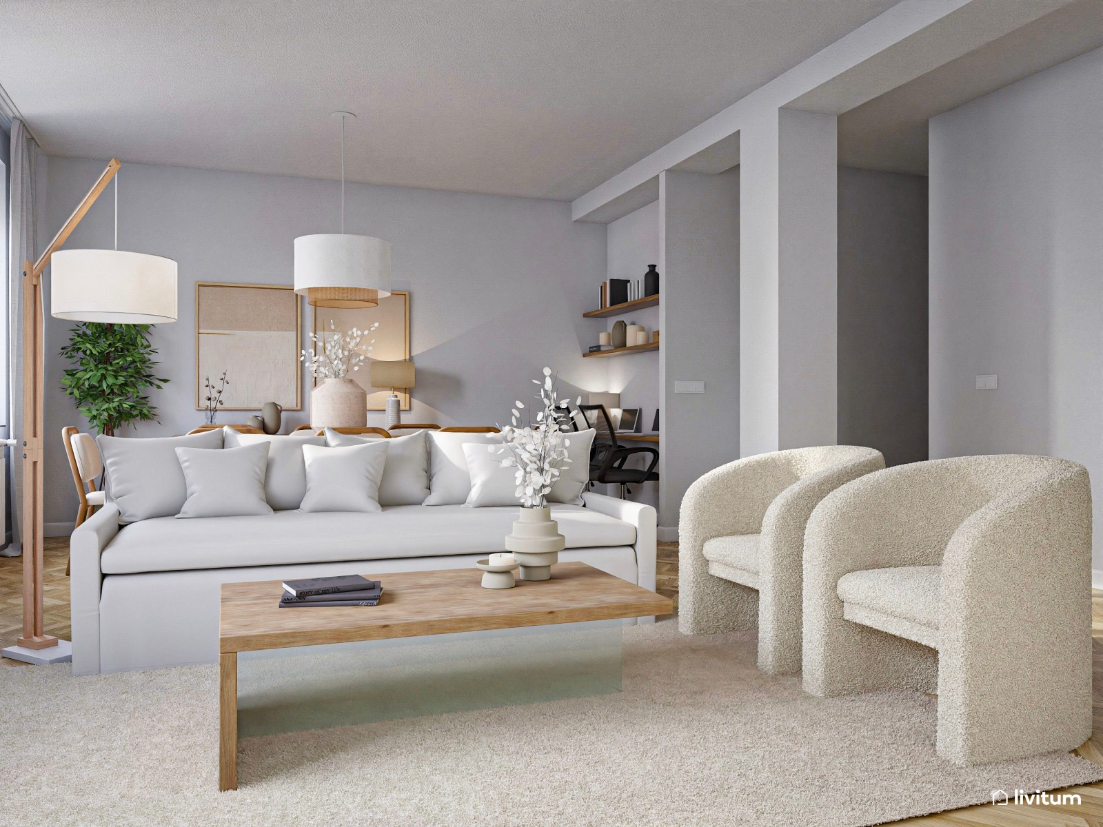  Salón nórdico en blanco con zona de estudio y modernas butacas 