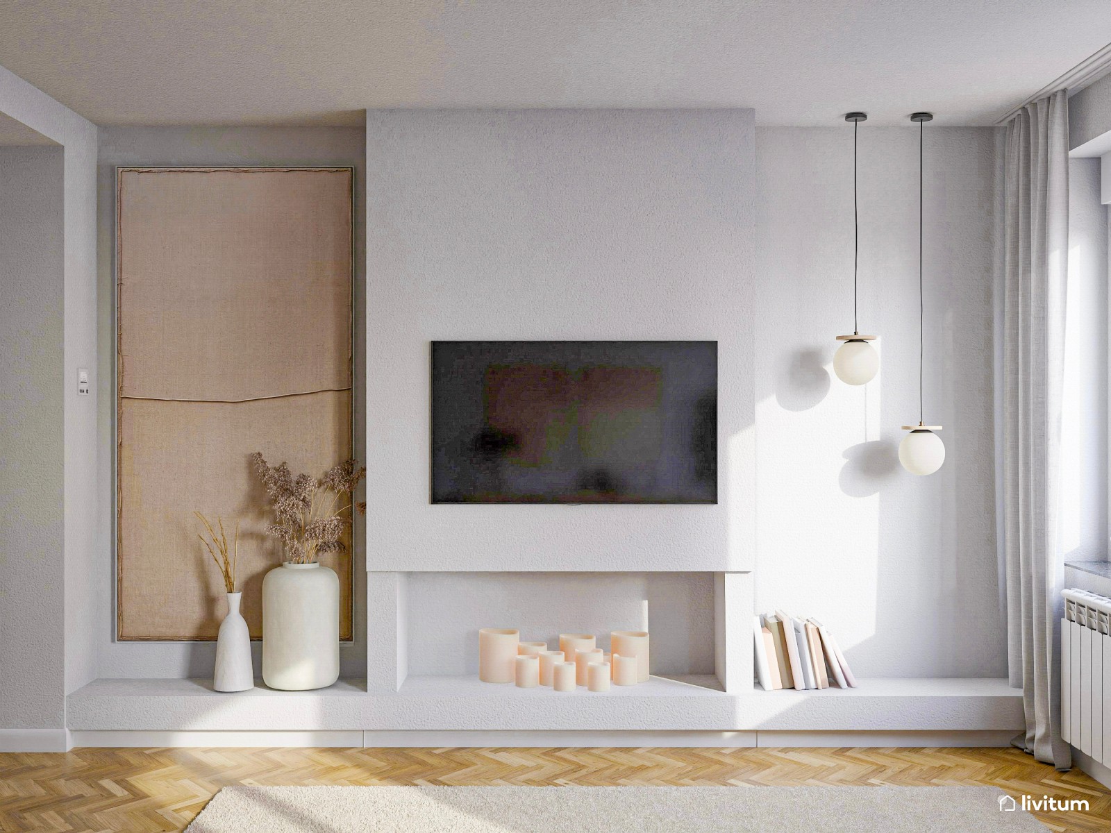  Salón nórdico en blanco con zona de estudio y modernas butacas 