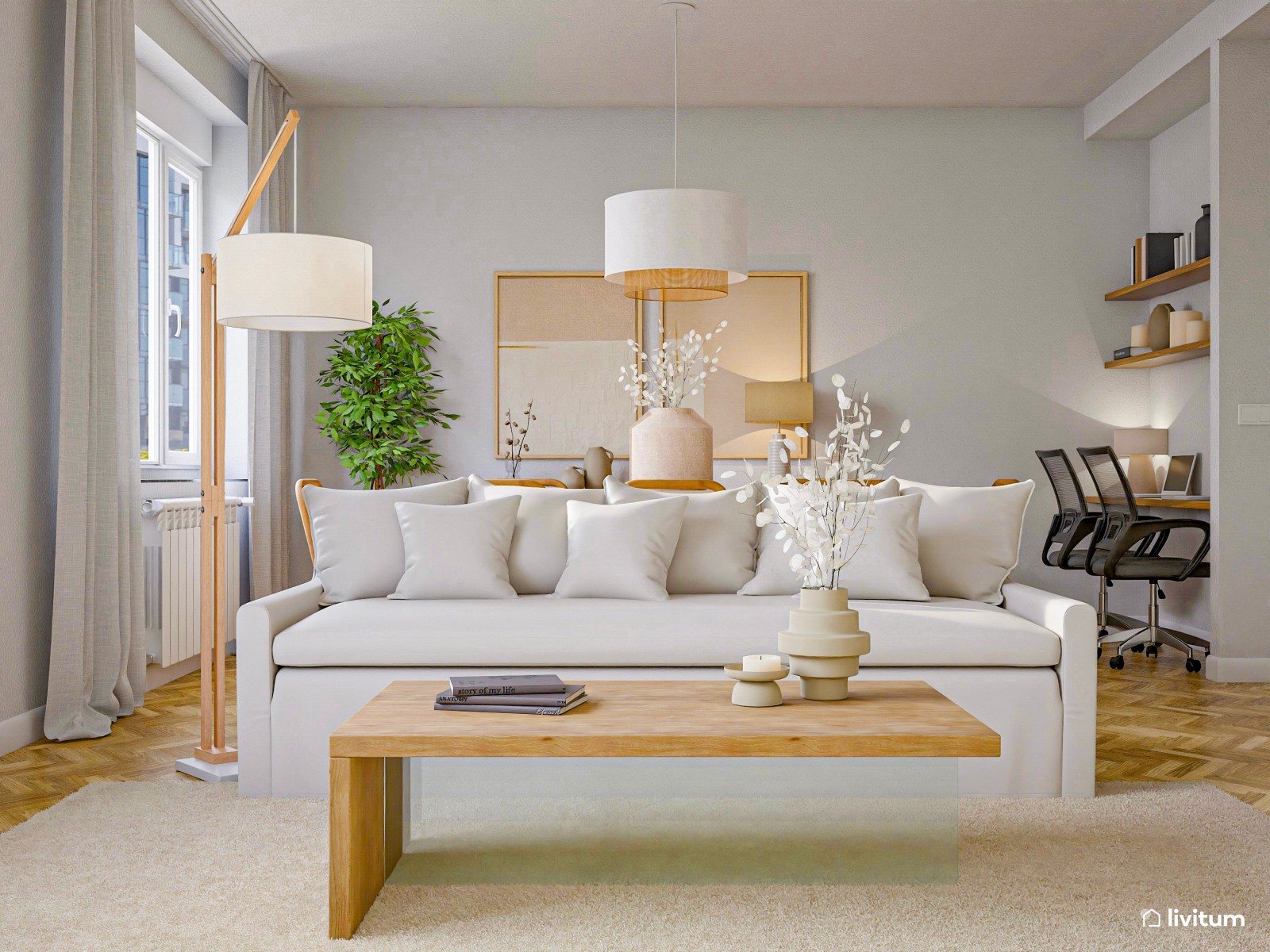  Salón nórdico en blanco con zona de estudio y modernas butacas 
