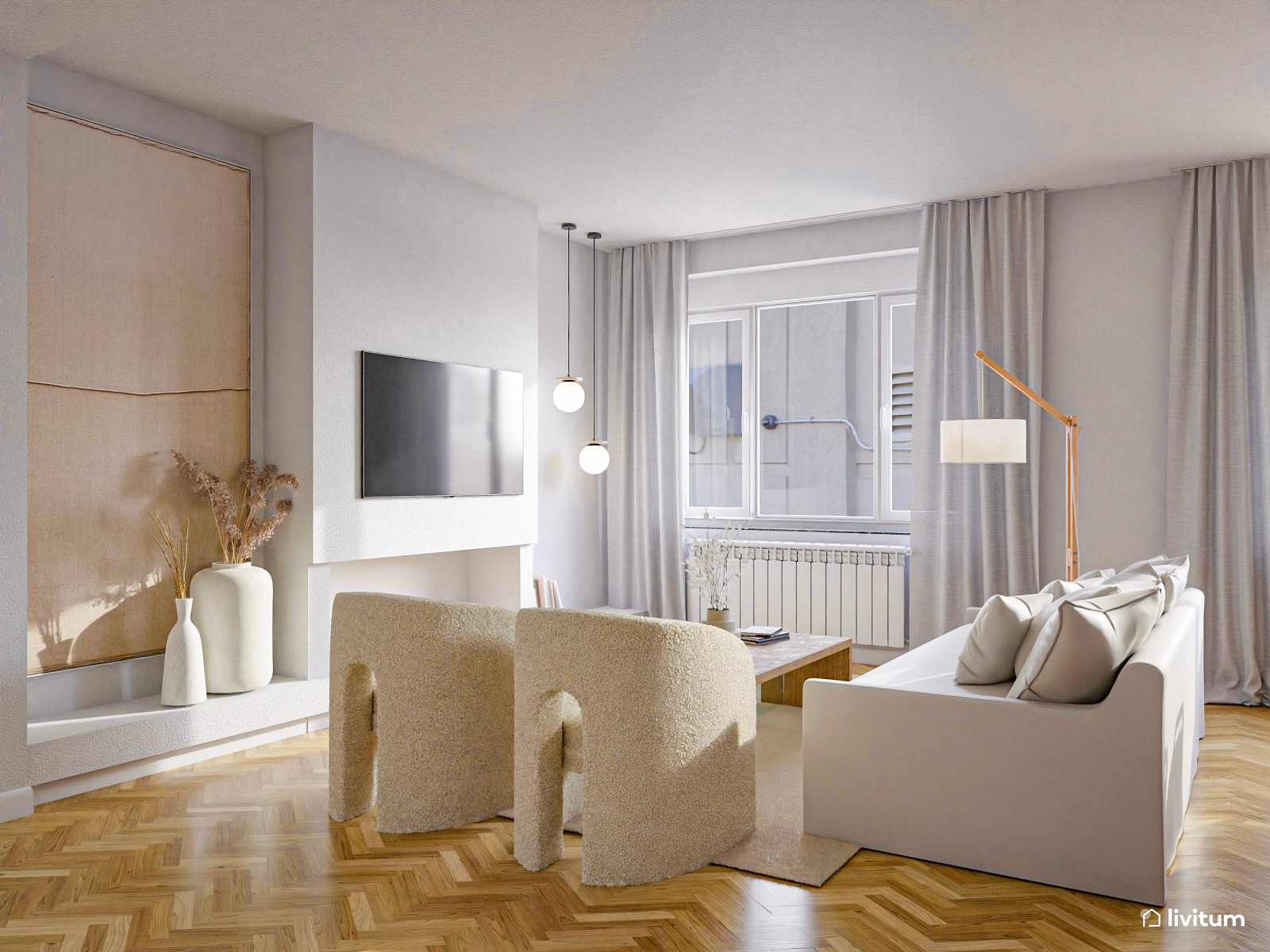  Salón nórdico en blanco con zona de estudio y modernas butacas 