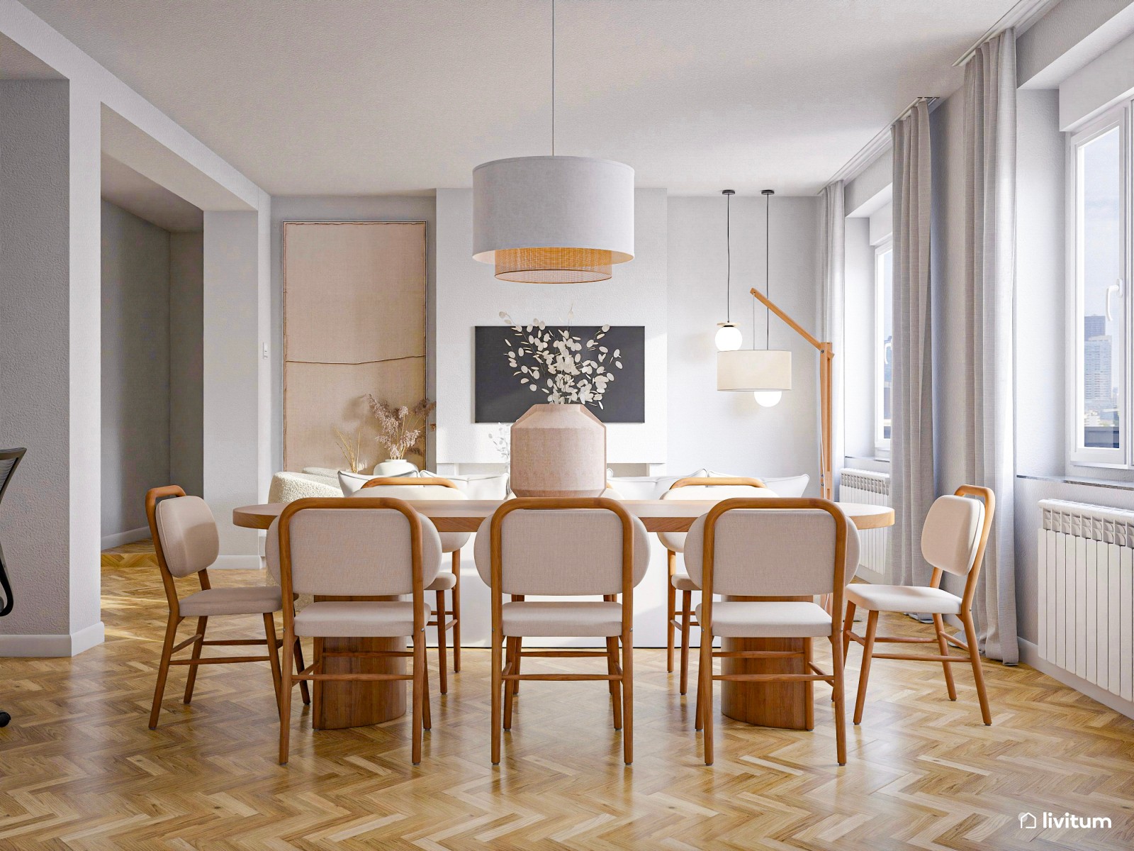  Salón nórdico en blanco con zona de estudio y modernas butacas 