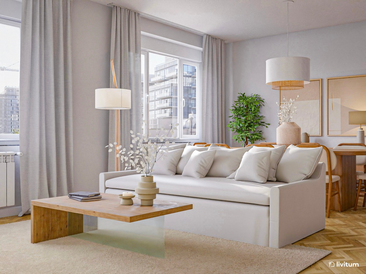 Salón nórdico en blanco con zona de estudio y modernas butacas