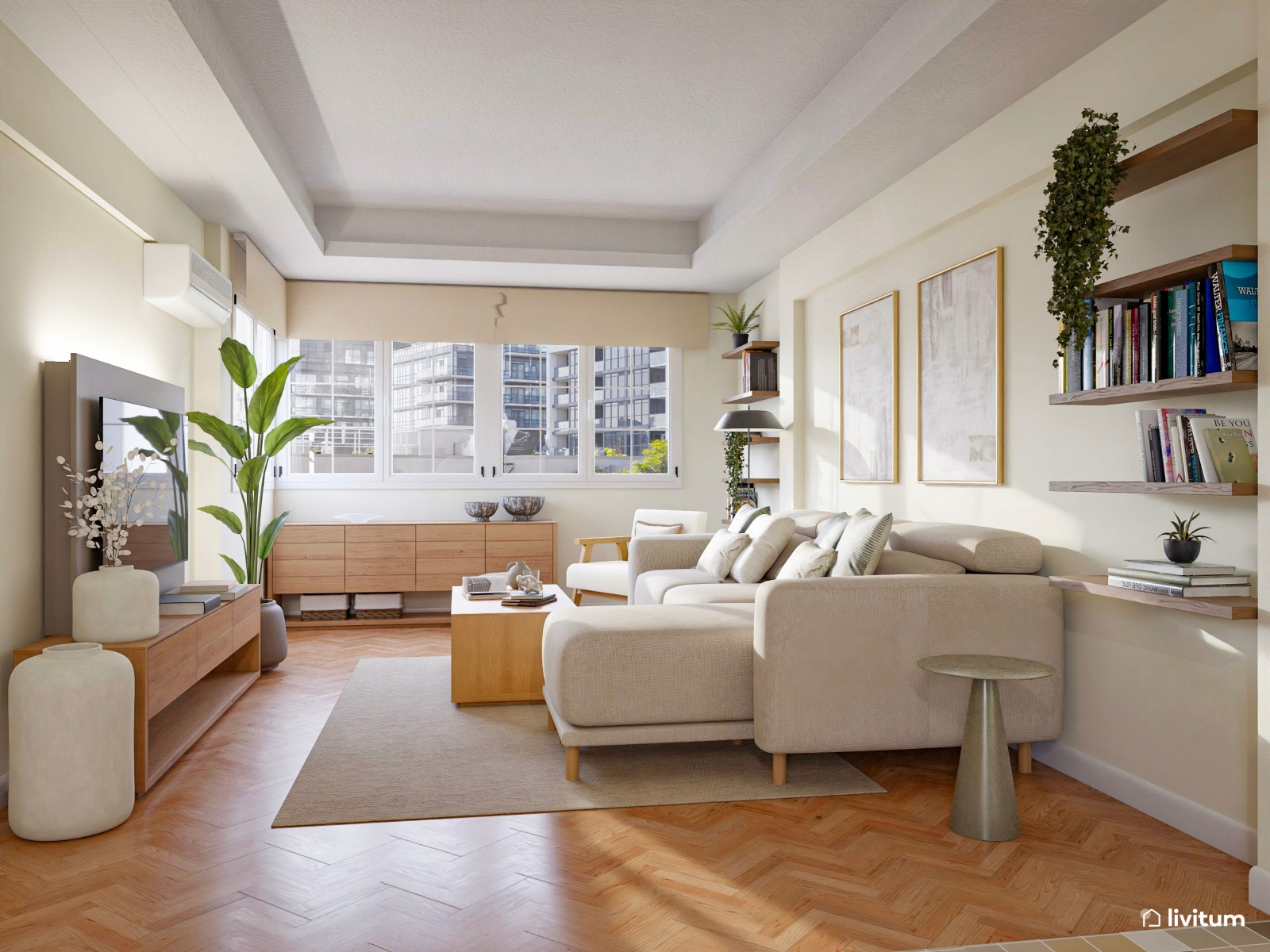 Salón nórdico en planta rectangular con decoración suave y elegante