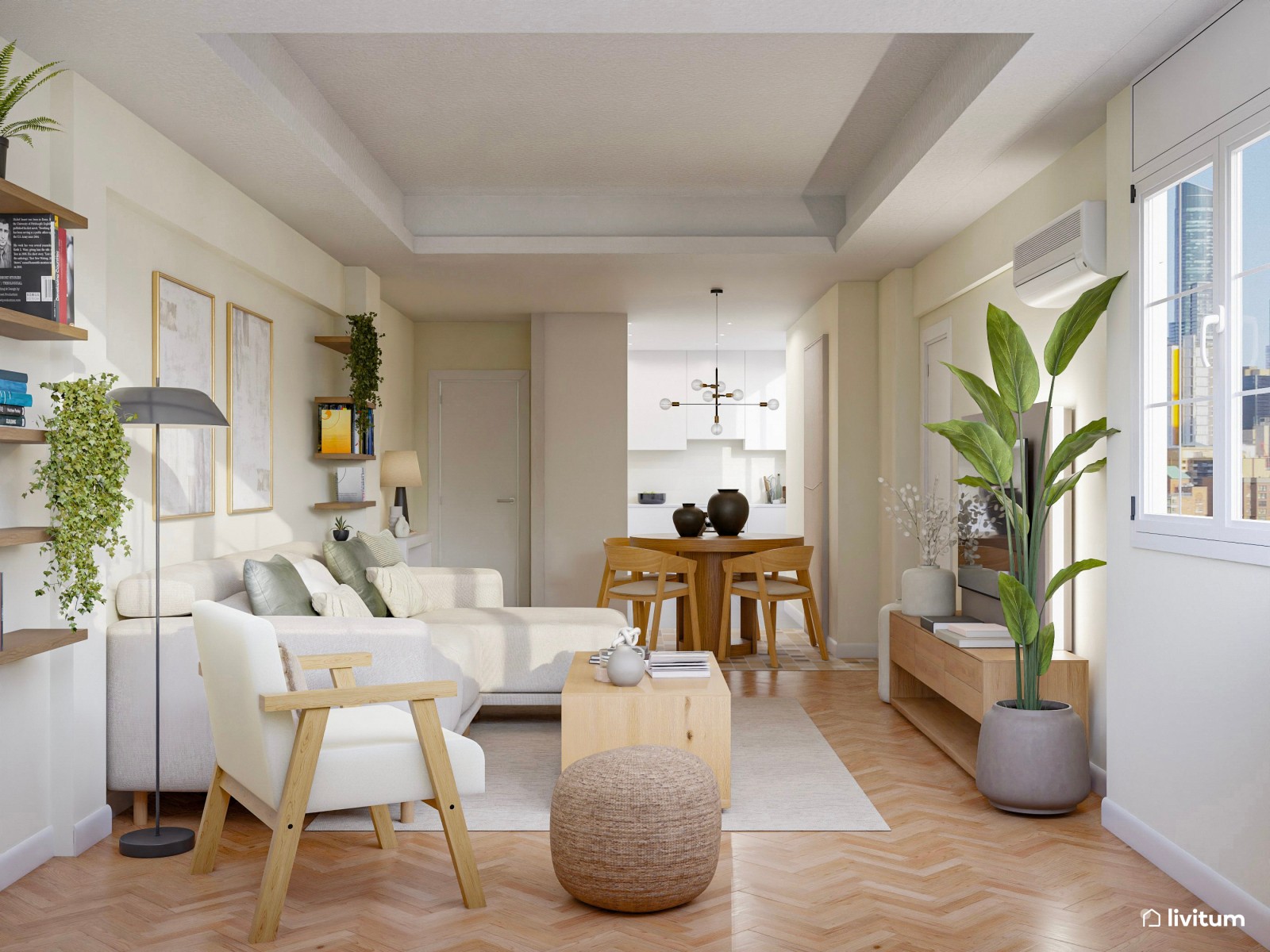 Salón nórdico en planta rectangular con decoración suave y elegante